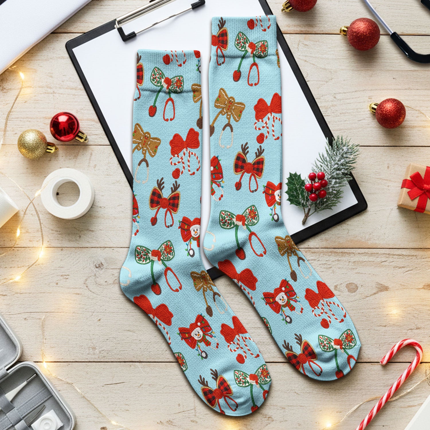 Christmas Stethoscope Bow Nurse Scrub Socks, Xmas Pattern Scrub Sock, Holiday Nursing Uniform