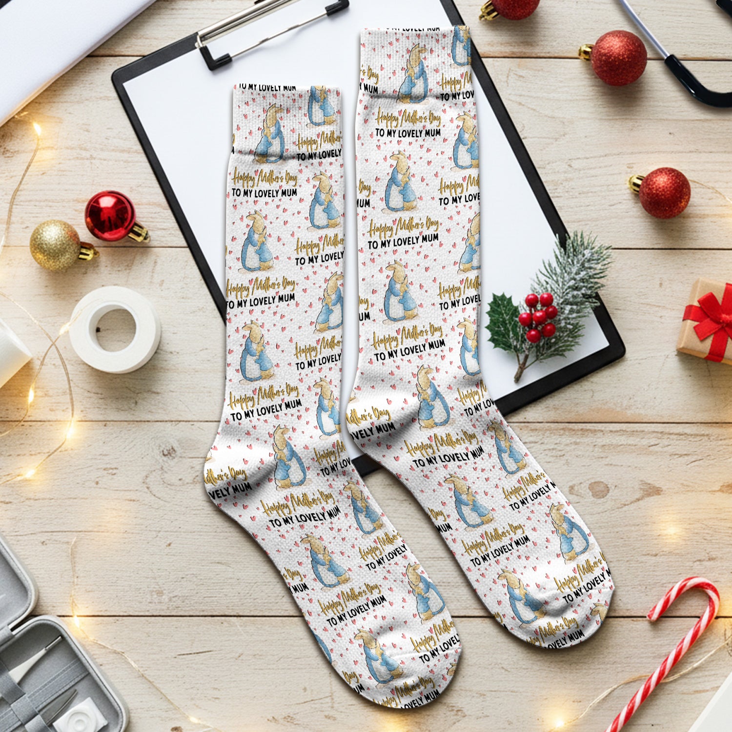 Happy Mothers Day Bunny Love Pattern Socks, Adult Socks for Men and Women