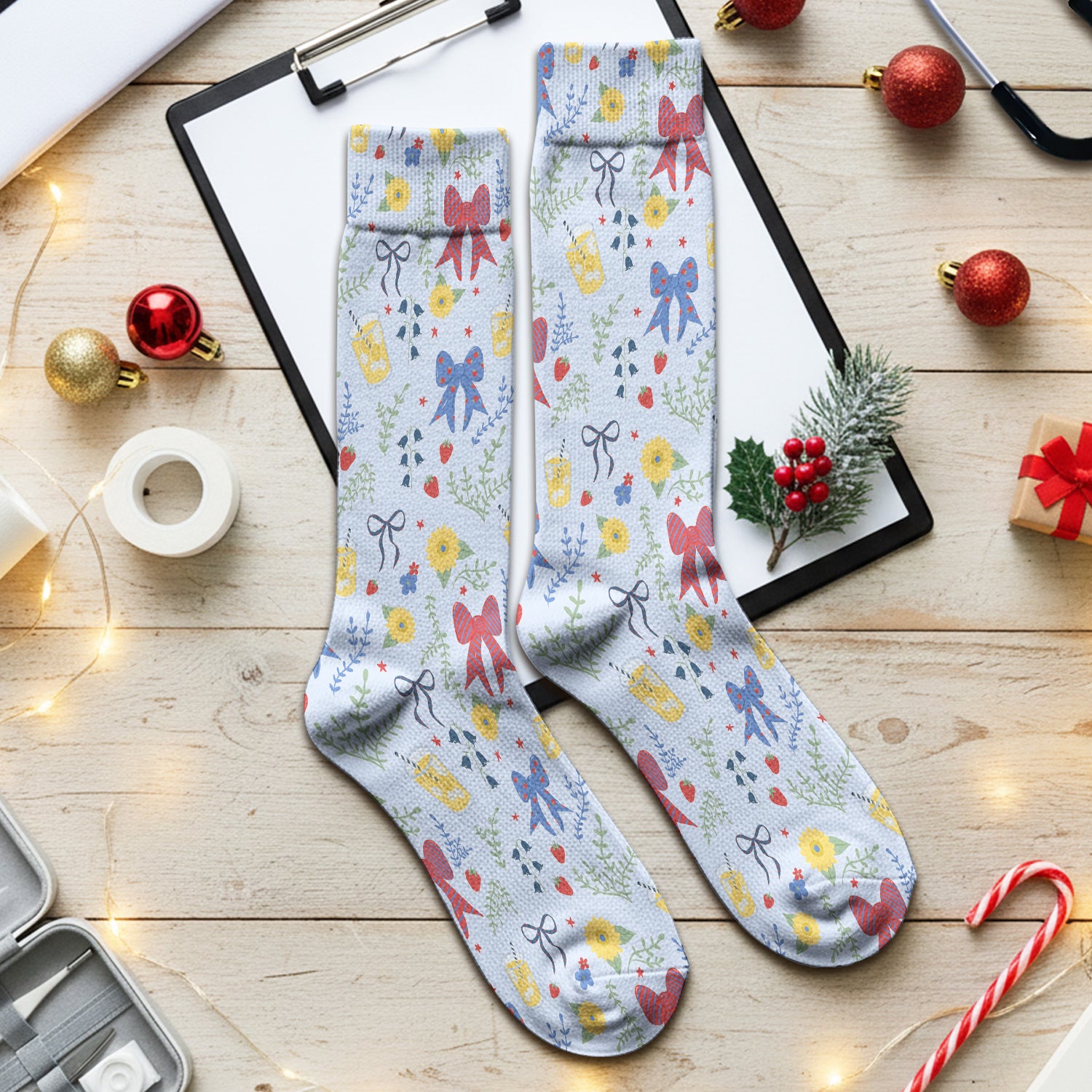 Sweet Summer Bow Nurse, Lemonade Floral Medical Socks, Adult Socks for Men and Women