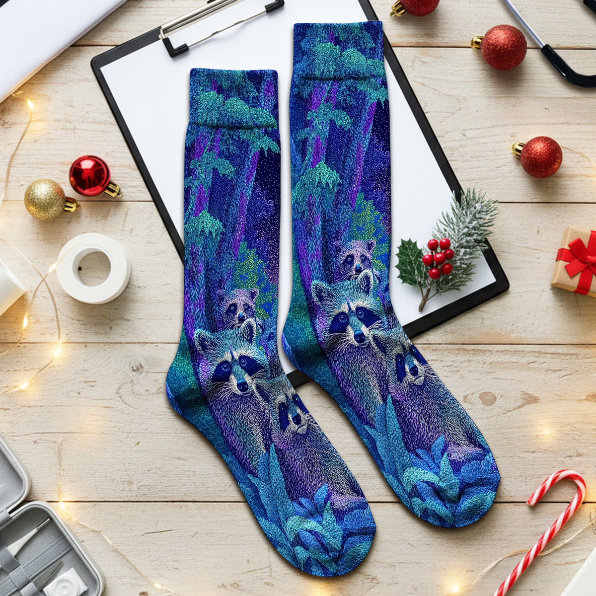 Moonlit Raccoon Pattern Socks, Adult Socks for Men and Women