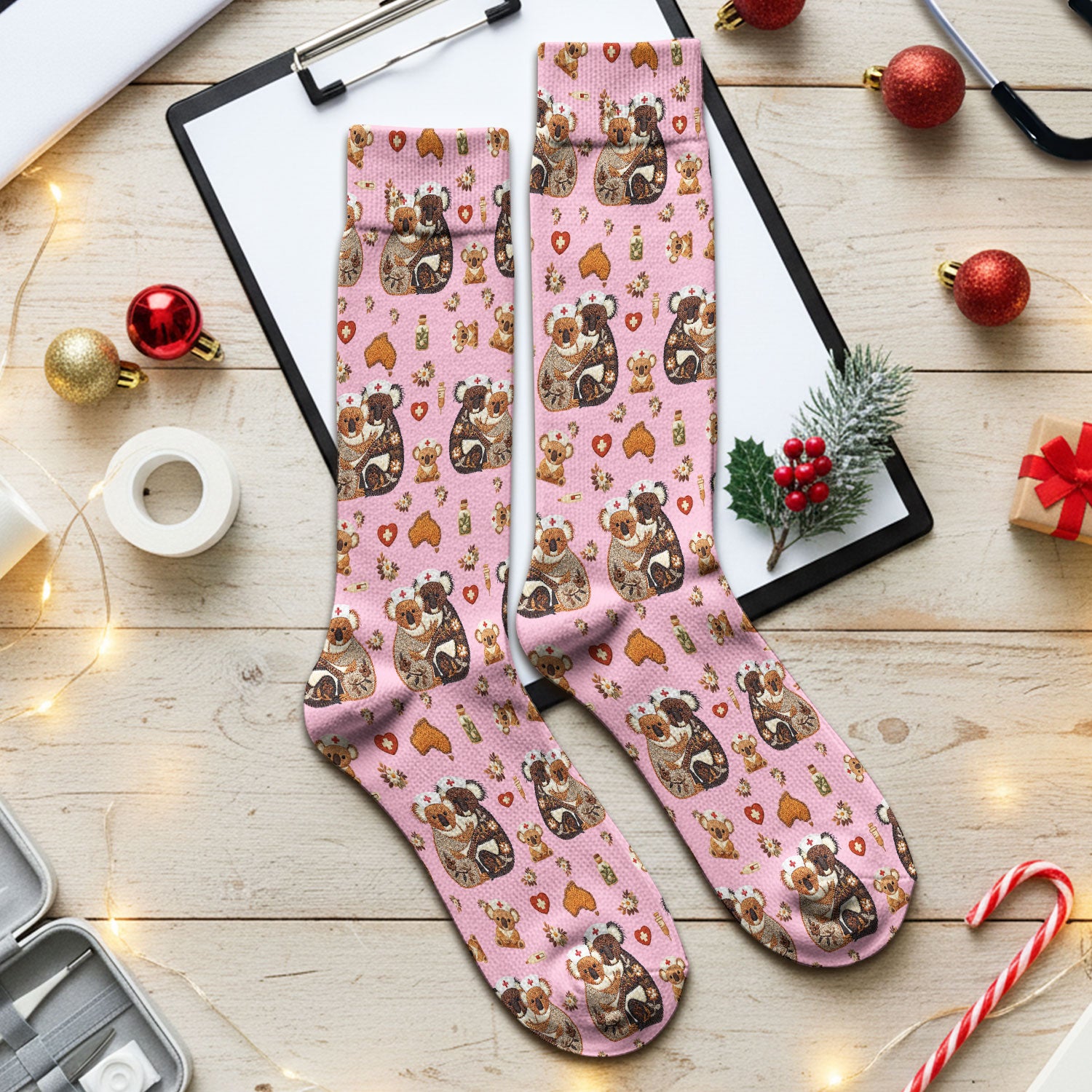 Cute Cartoon Koala Valentine Nurse Design Sock, Breathable Fabrics Medical Uniform