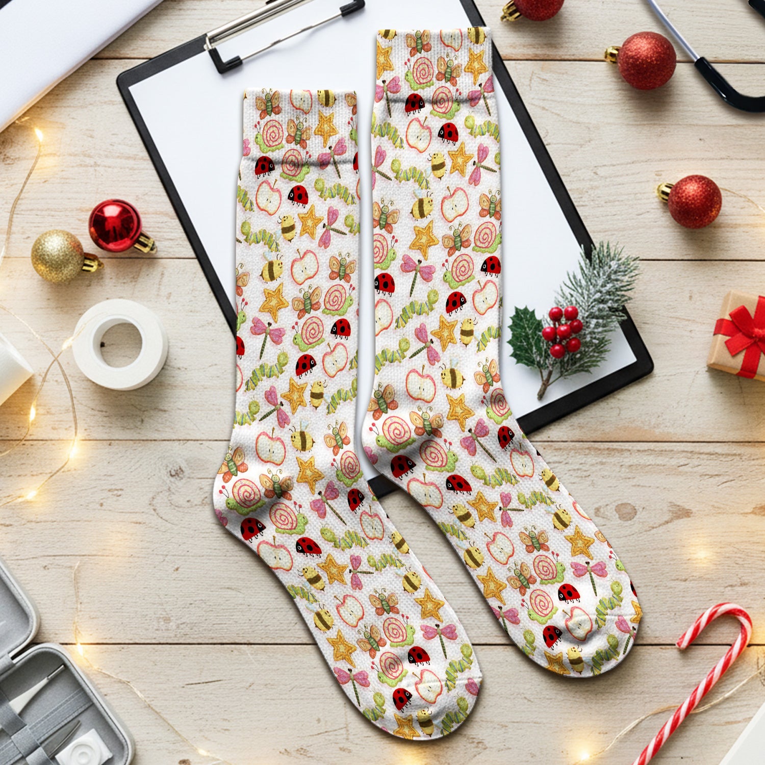 Cute Nurse Snail Ladybug Caterpillar Apple Garden Pattern Socks, Breathable Fabrics Medical Uniform