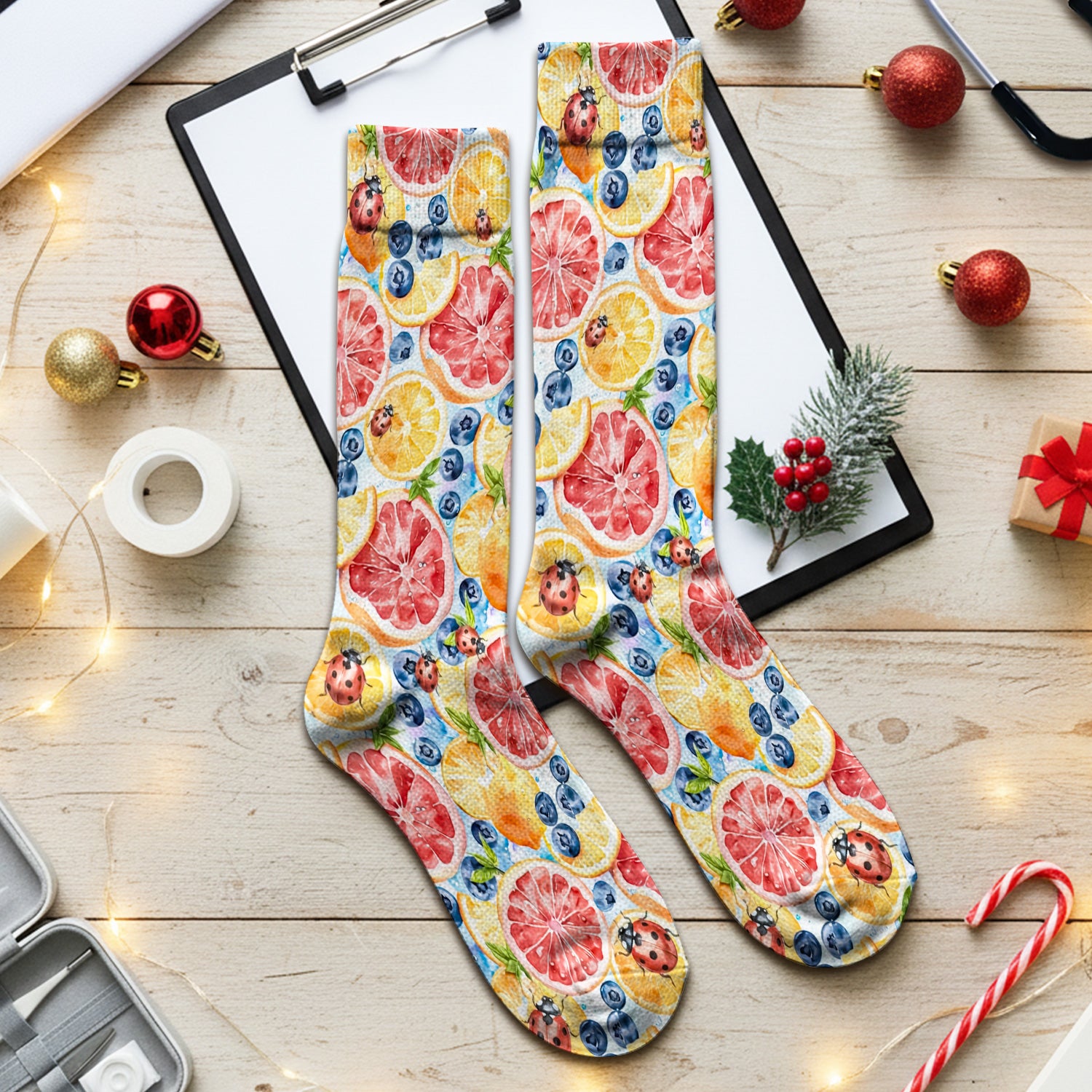 Cute Citrus Berry Ladybug Pattern Socks, Adult Socks for Men and Women