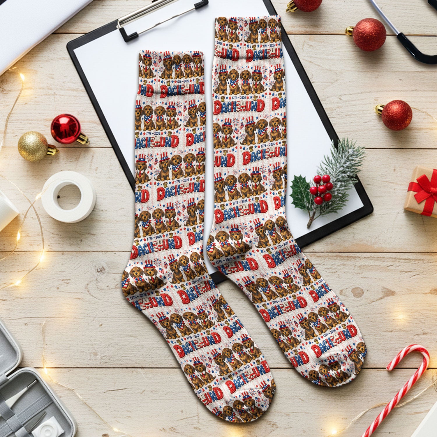 Patriotic Dachshund Fireworks Pattern Print Socks, Adult Socks for Men and Women