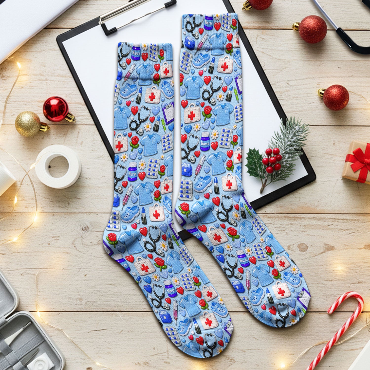 Medical Icons Scrub Socks, Cute Pattern Nurse Sock, Breathable Fabrics Nursing Uniform