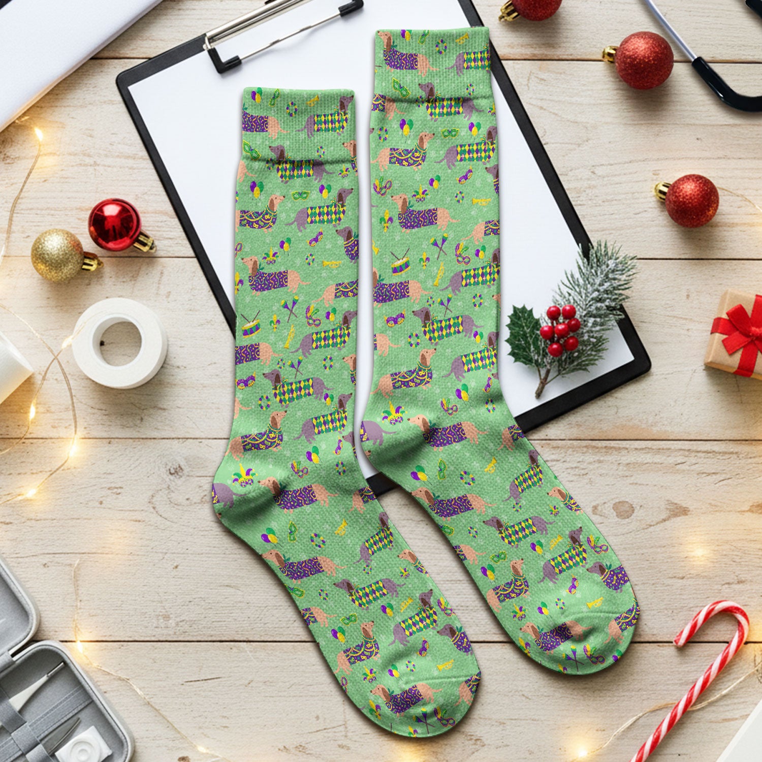 Mardi Gras Dachshund Nurse Scrub Socks, Wiener Dog Holiday Pattern Nurses Sock, Comfortable Uniform Scrubs For Nursing