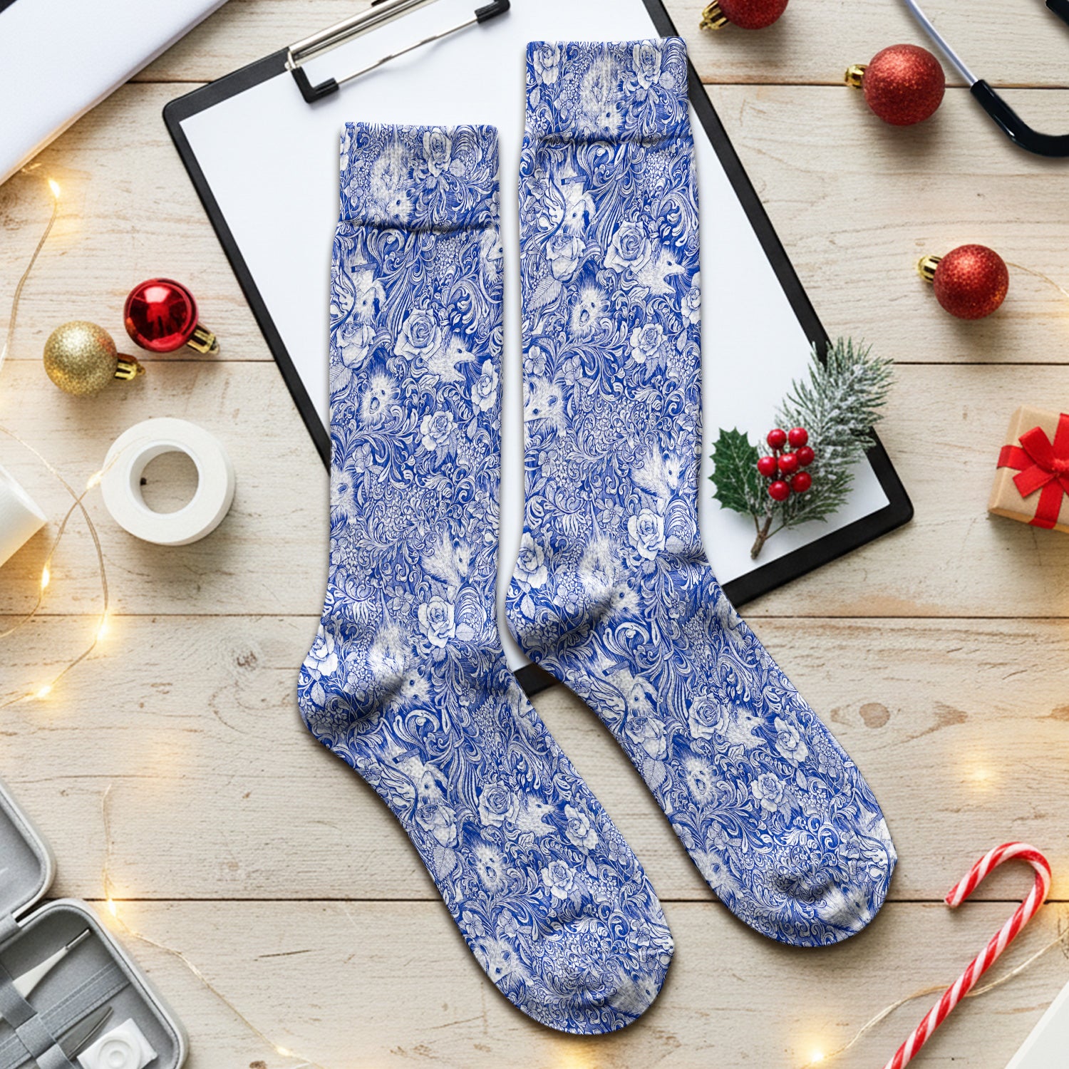 Blue Toile Opossum Floral Pattern Socks, Adult Socks for Men and Women