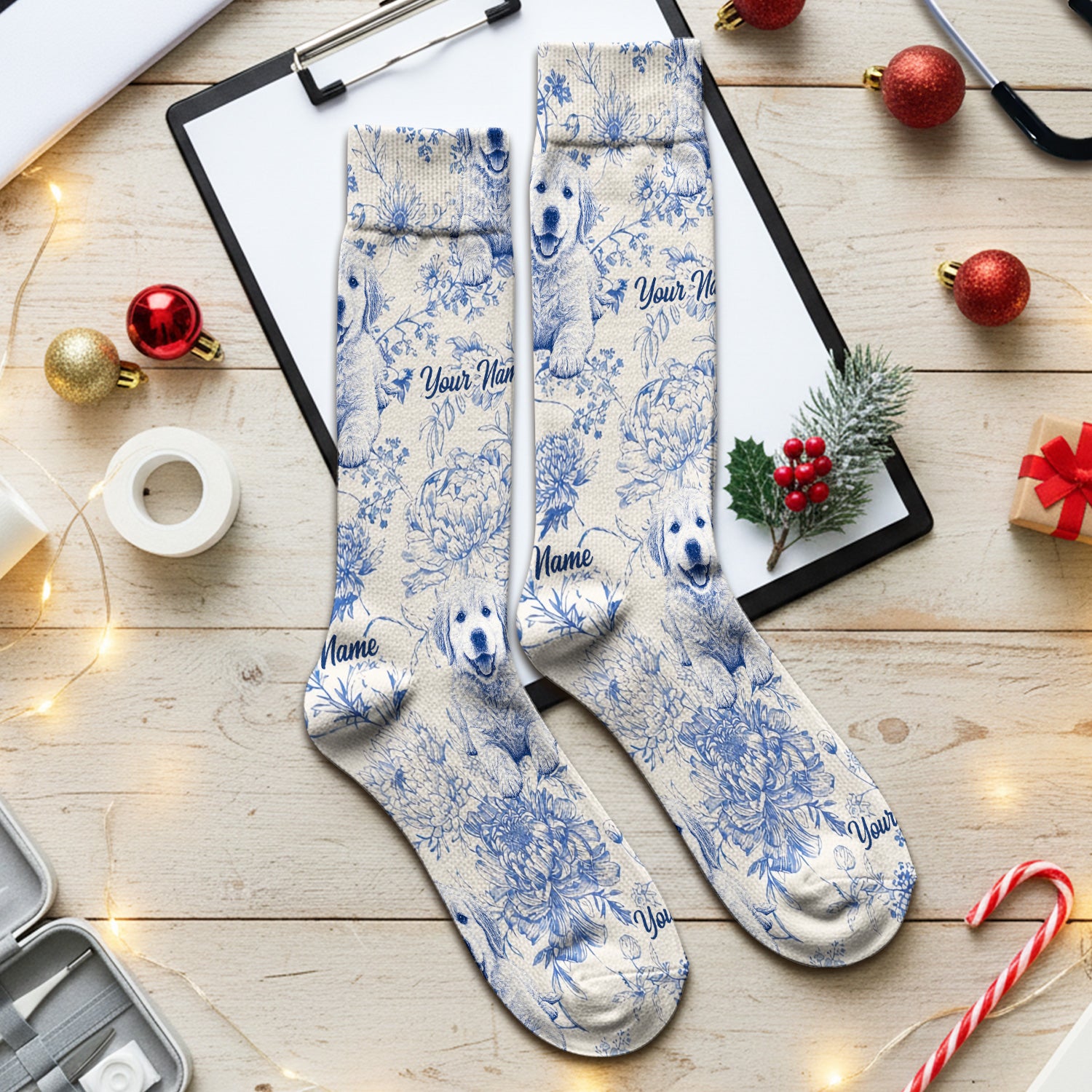 Personalized Custom Pet Photo Name Floral Pattern Socks, Adult Socks for Men and Women