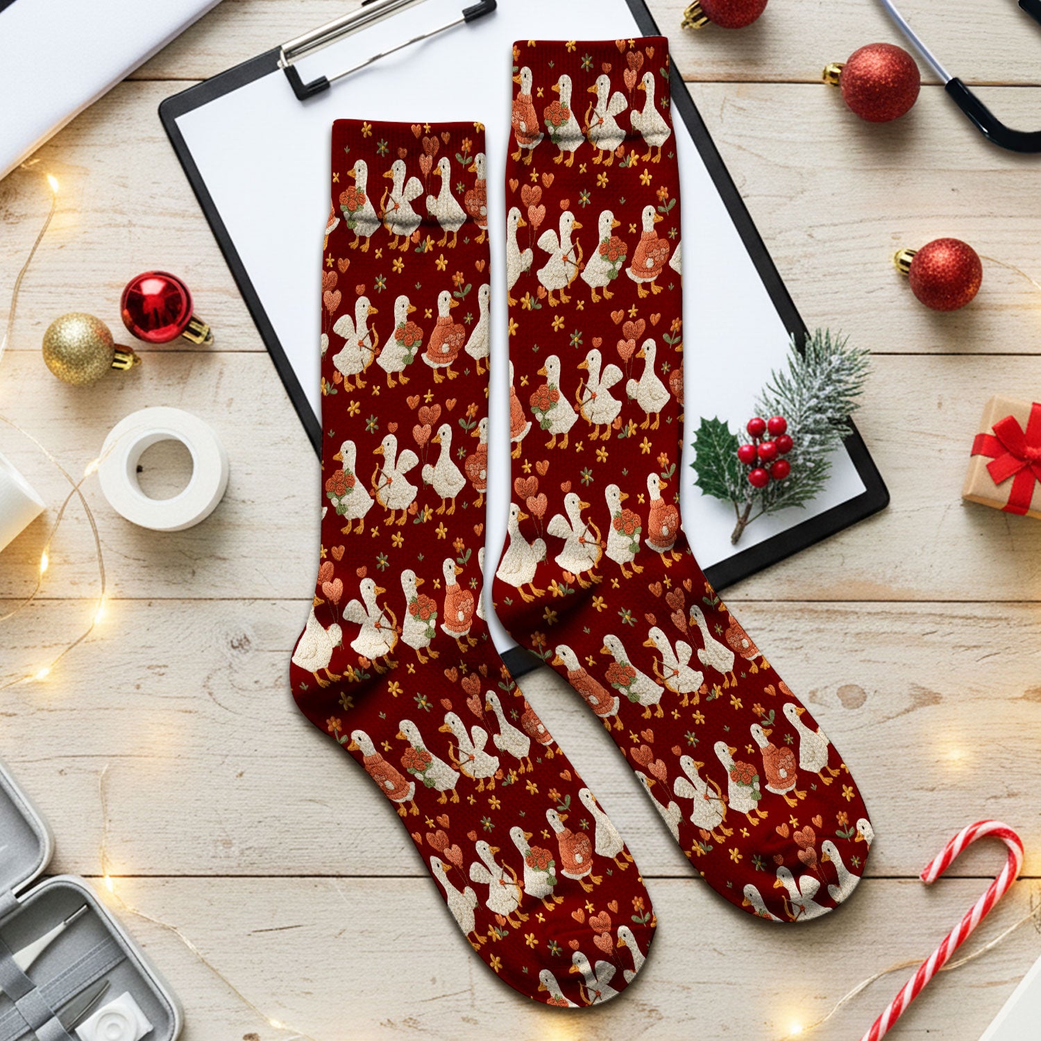 Cute Goose Nurse Scrub Socks, Valentine Farm Medical Pattern Sock, Breathable Fabrics Nursing Uniform