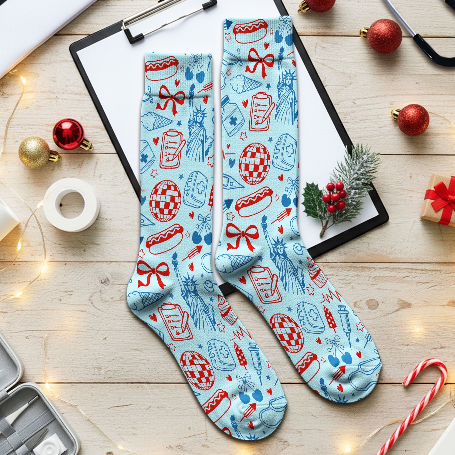 Patriotic Nurse Medical Icons Pattern Print Socks, Adult Socks for Men and Women