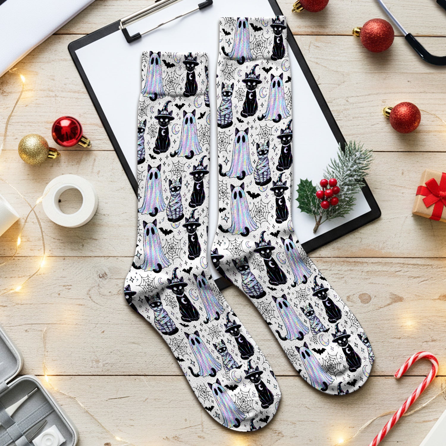 Ghost Witch Cat Pattern Socks, Adult Socks for Men and Women