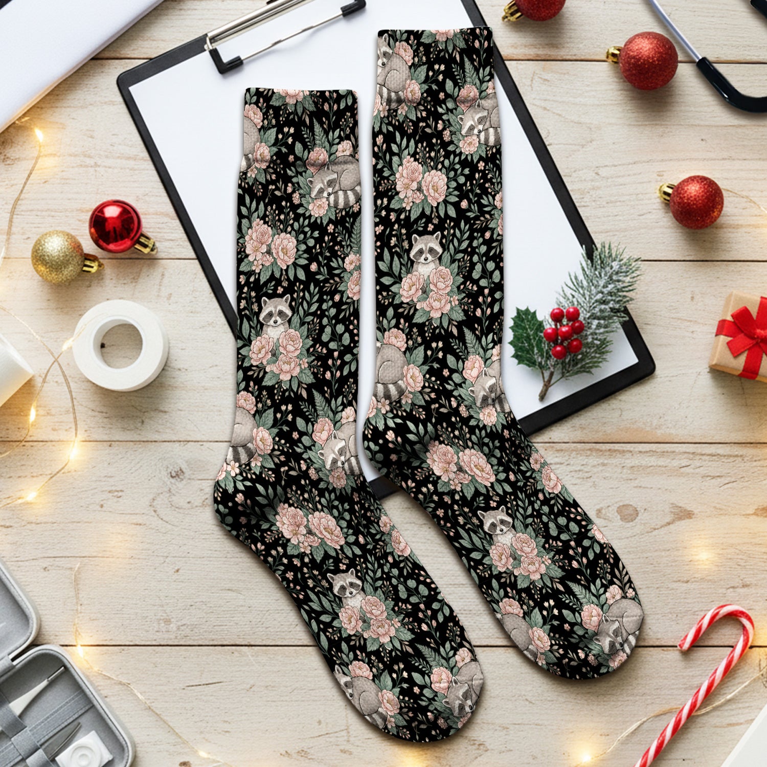 Sleeping Raccoon Rose Garden Pattern Socks, Breathable Fabrics Medical Uniform