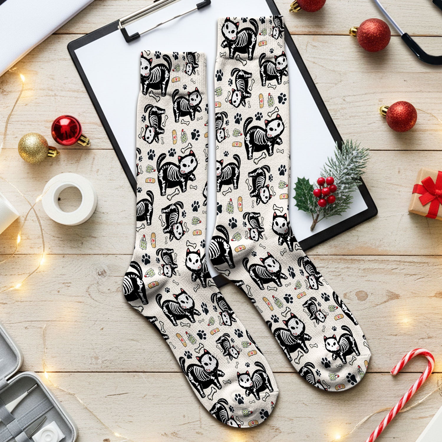 Skeleton Cat Medical Pattern Socks, Breathable Fabrics Medical Uniform