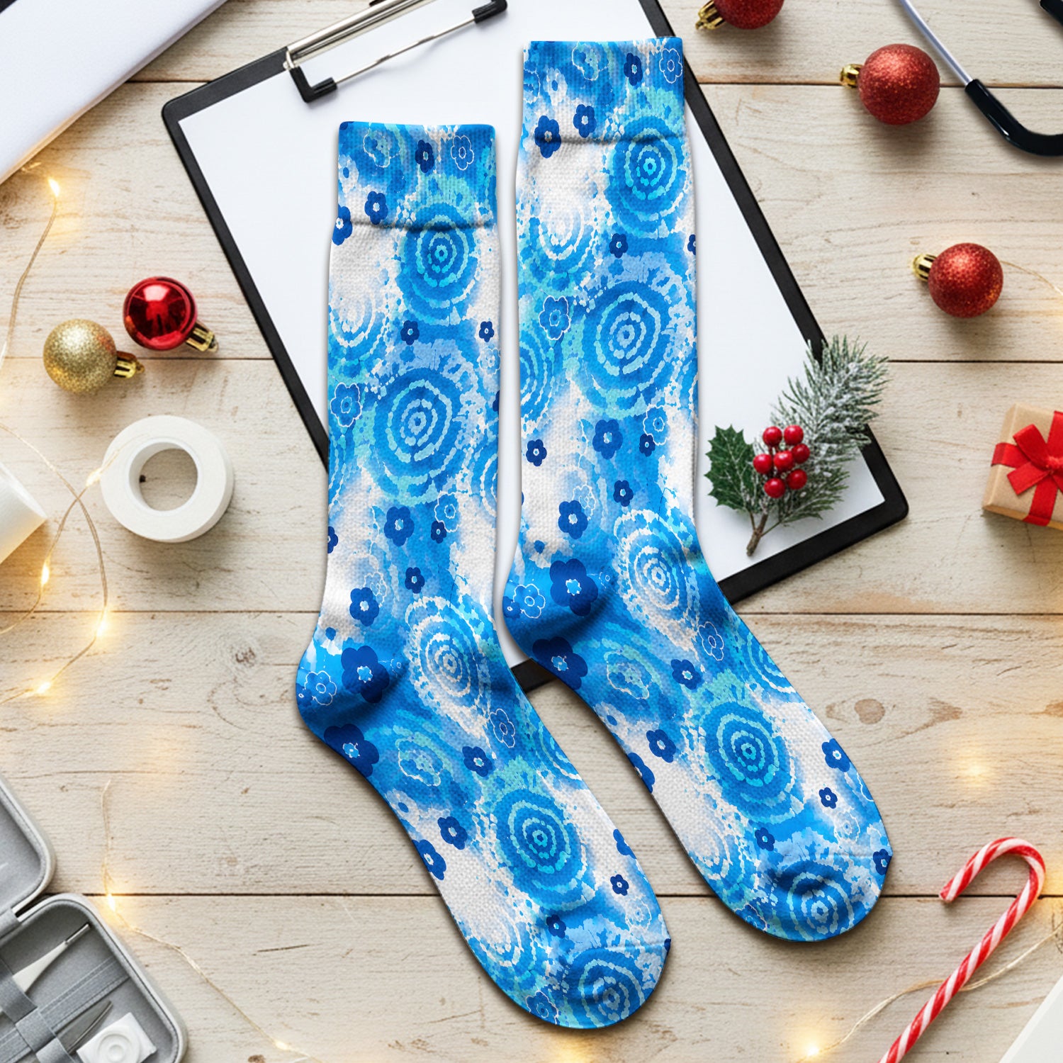 Blue Floral Spiral Nurse Pattern Scrub Top, Breathable Fabrics Nursing Uniform Socks, Adult Socks for Men and Women