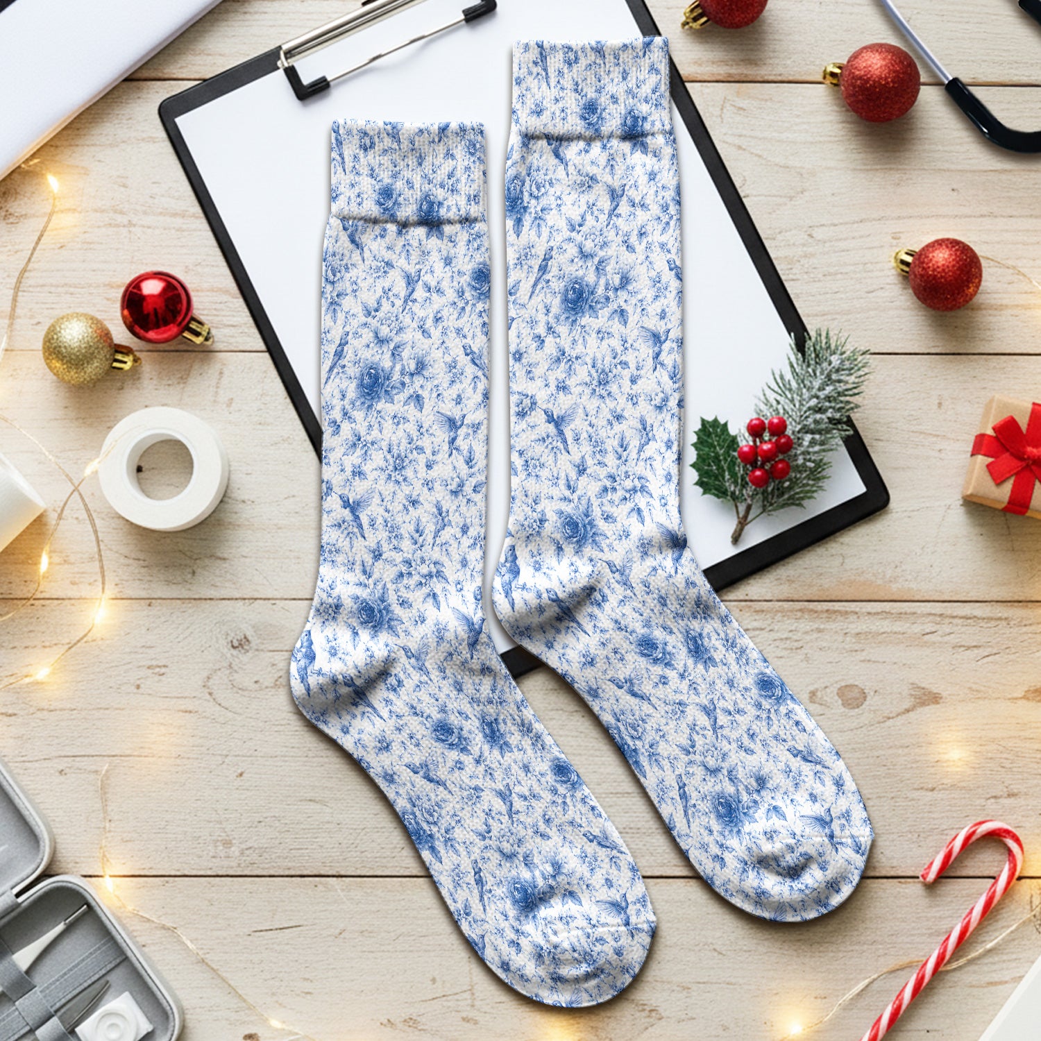 Blue Floral Hummingbird Toile Pattern Socks, Adult Socks for Men and Women