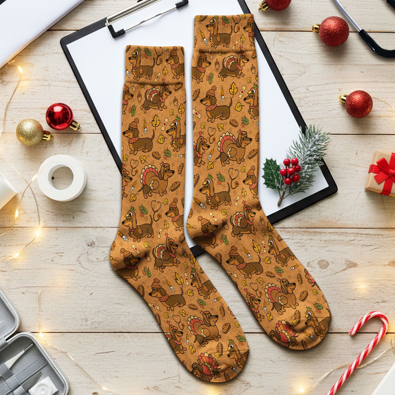 Thanksgiving Wiener Dog Socks for Nurse Doctor - Funny Dachshund Turkey Adult Socks for Men and Women