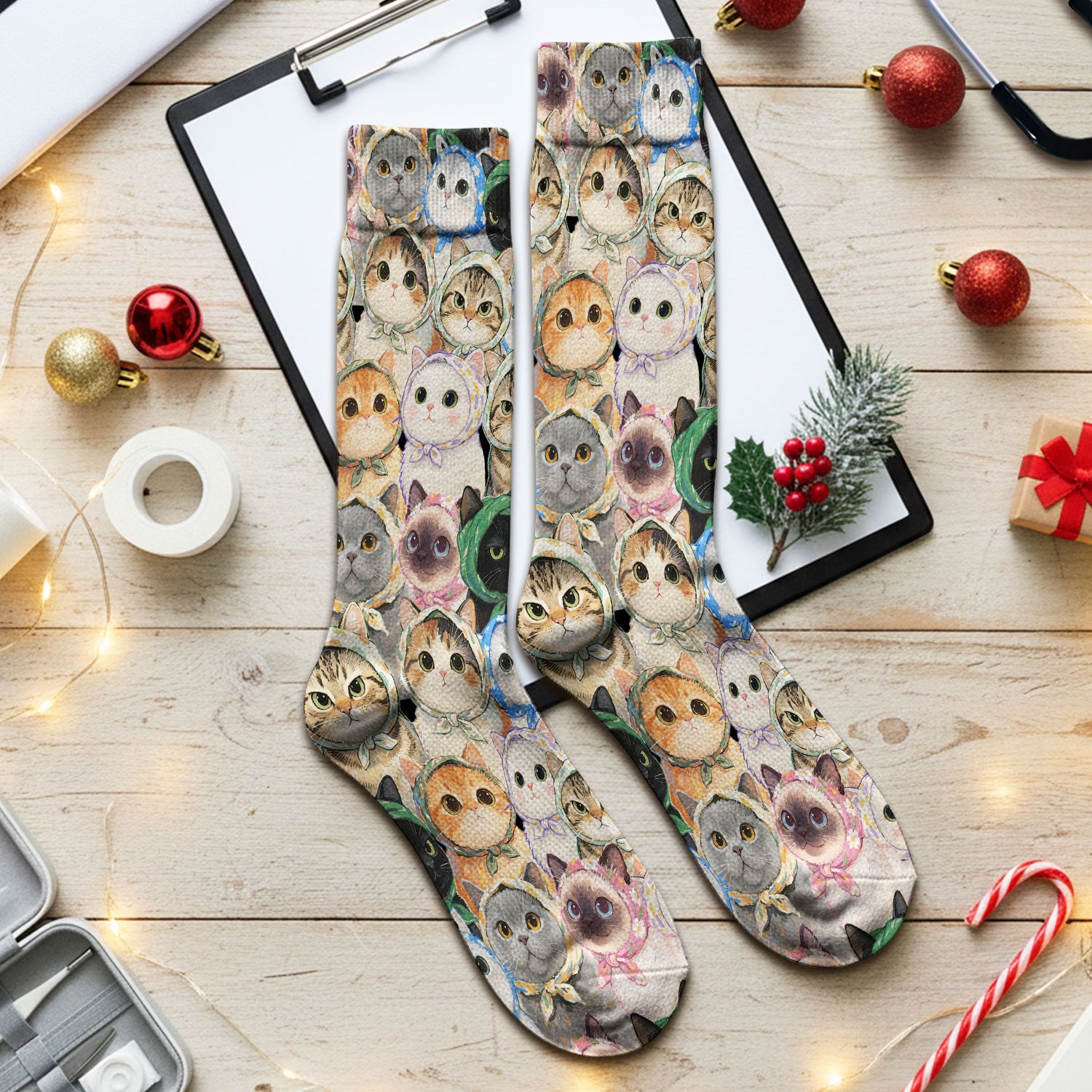 Adorable Multi Cat Portrait Pattern Socks, Adult Socks for Men and Women