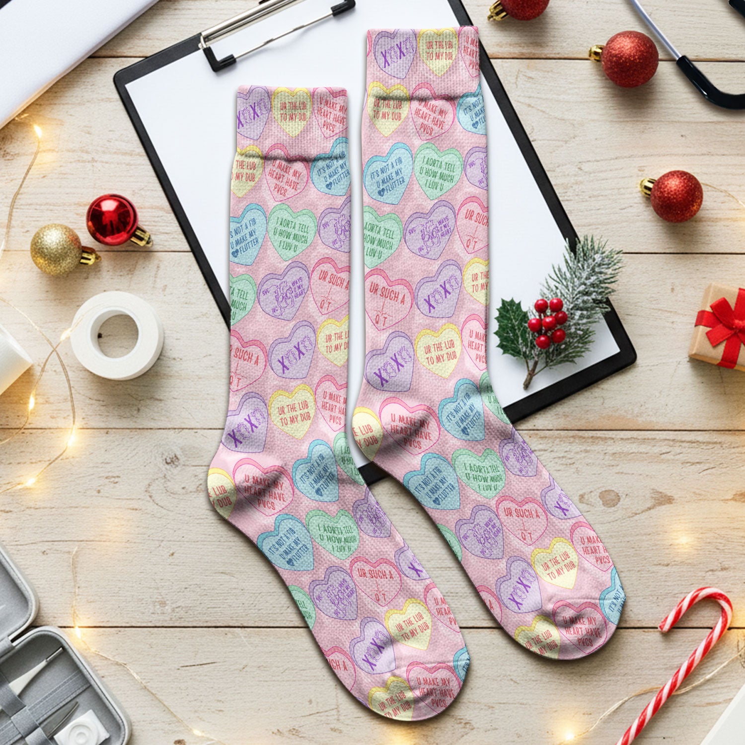 Medical Candy Heart Valentine Pattern Socks, Fun Medical Pattern, Adult Socks for Men and Women