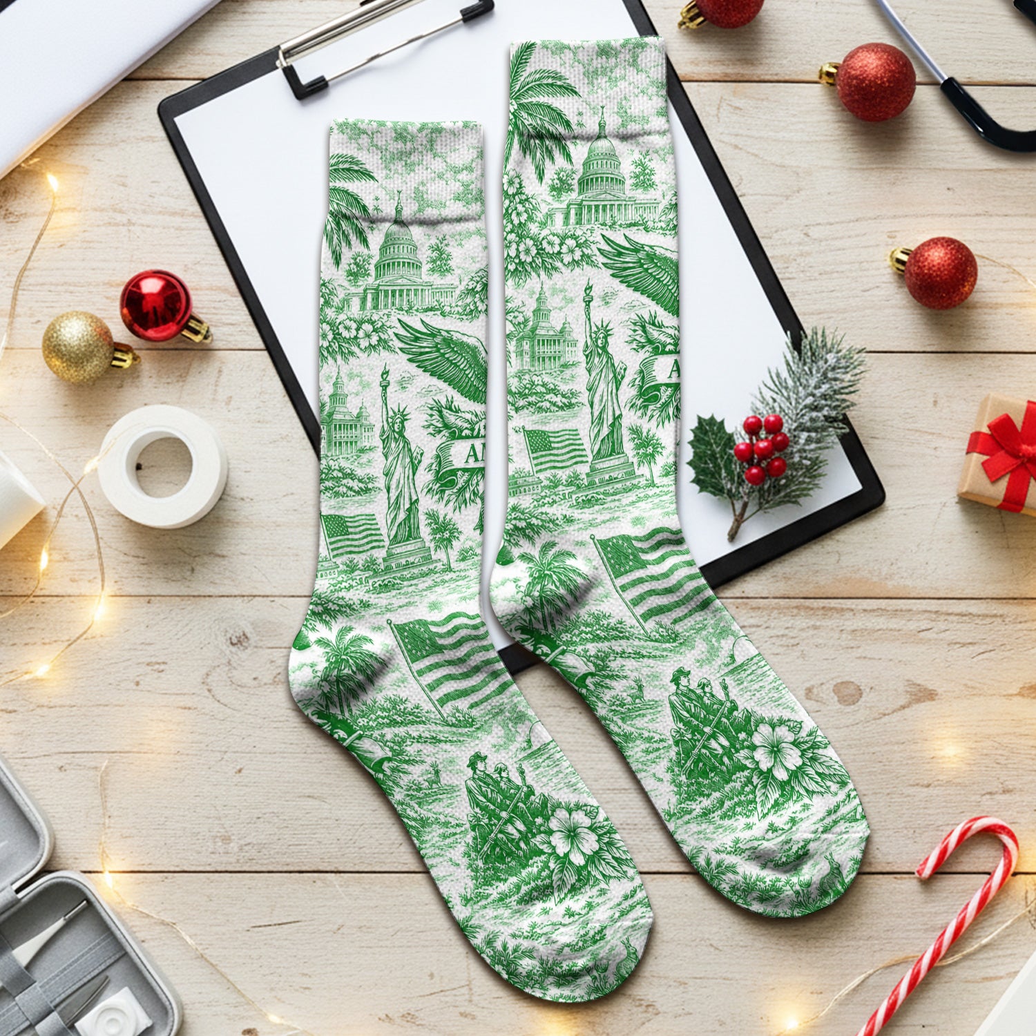 Patriotic America Heritage Toile Pattern Sock, Breathable Fabrics Medical Uniform