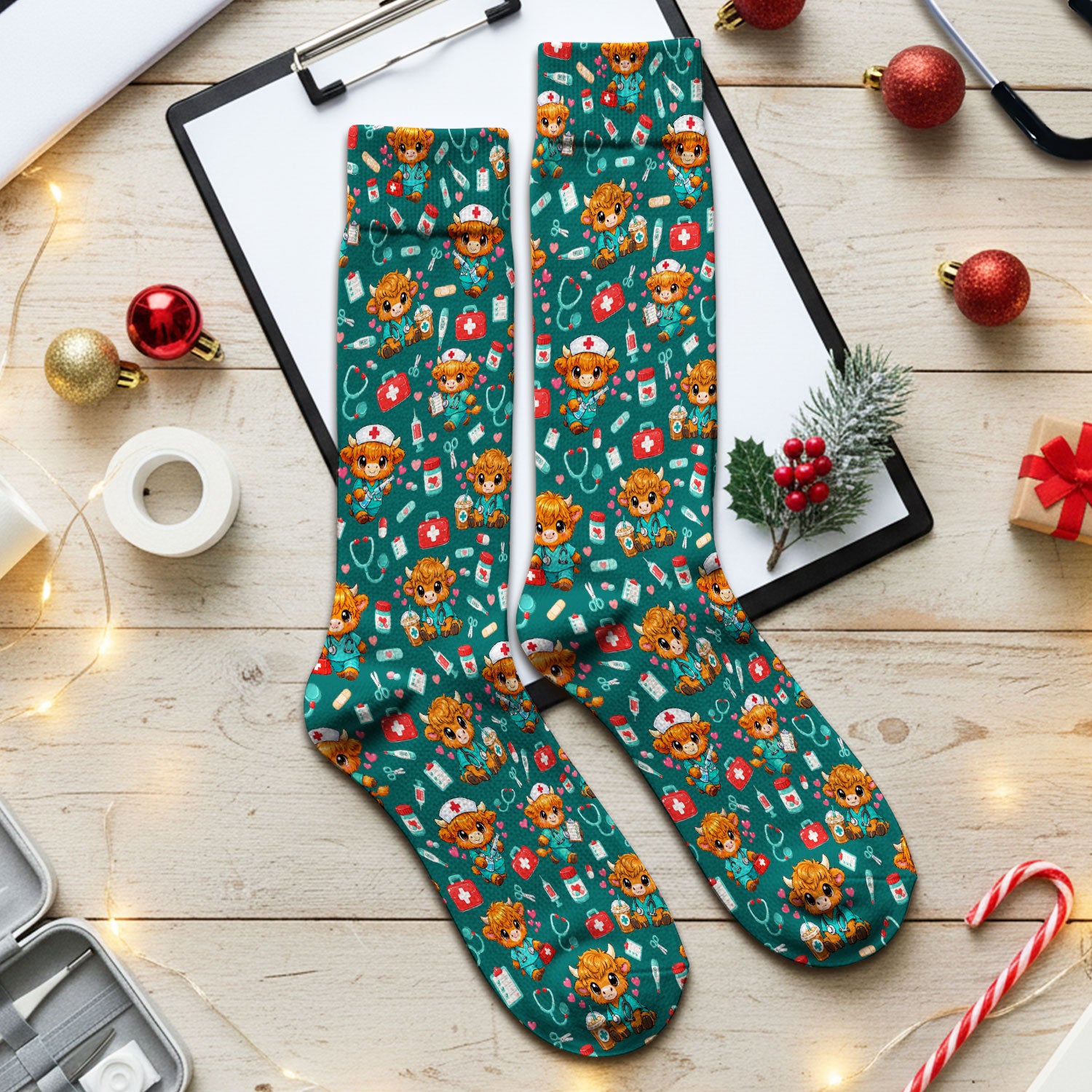 Cute Highland Cow Nurse Scrub Socks, Kawaii Medical Pattern Sock, Breathable Fabrics Nursing Uniform