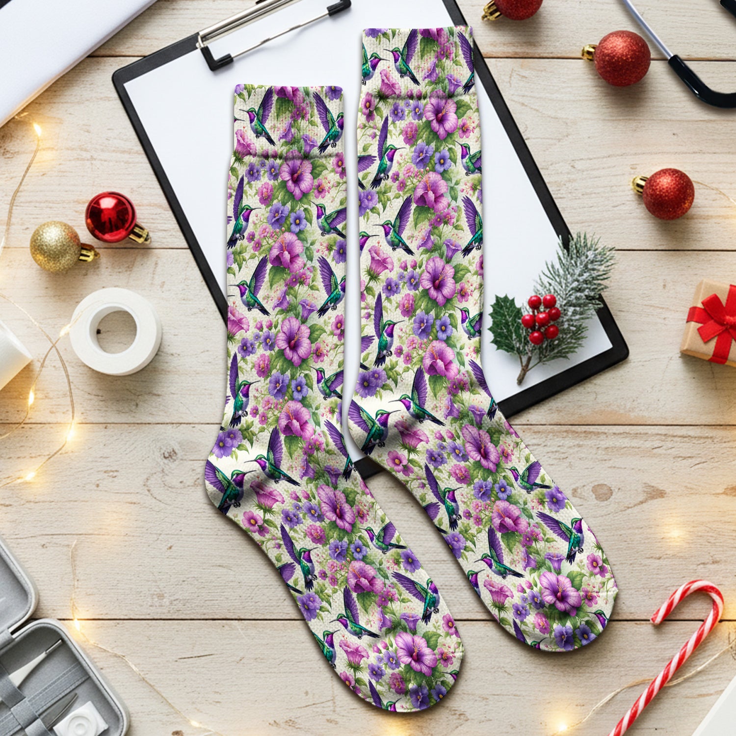 Purple Hummingbird Hibiscus Floral Pattern Socks, Adult Socks for Men and Women