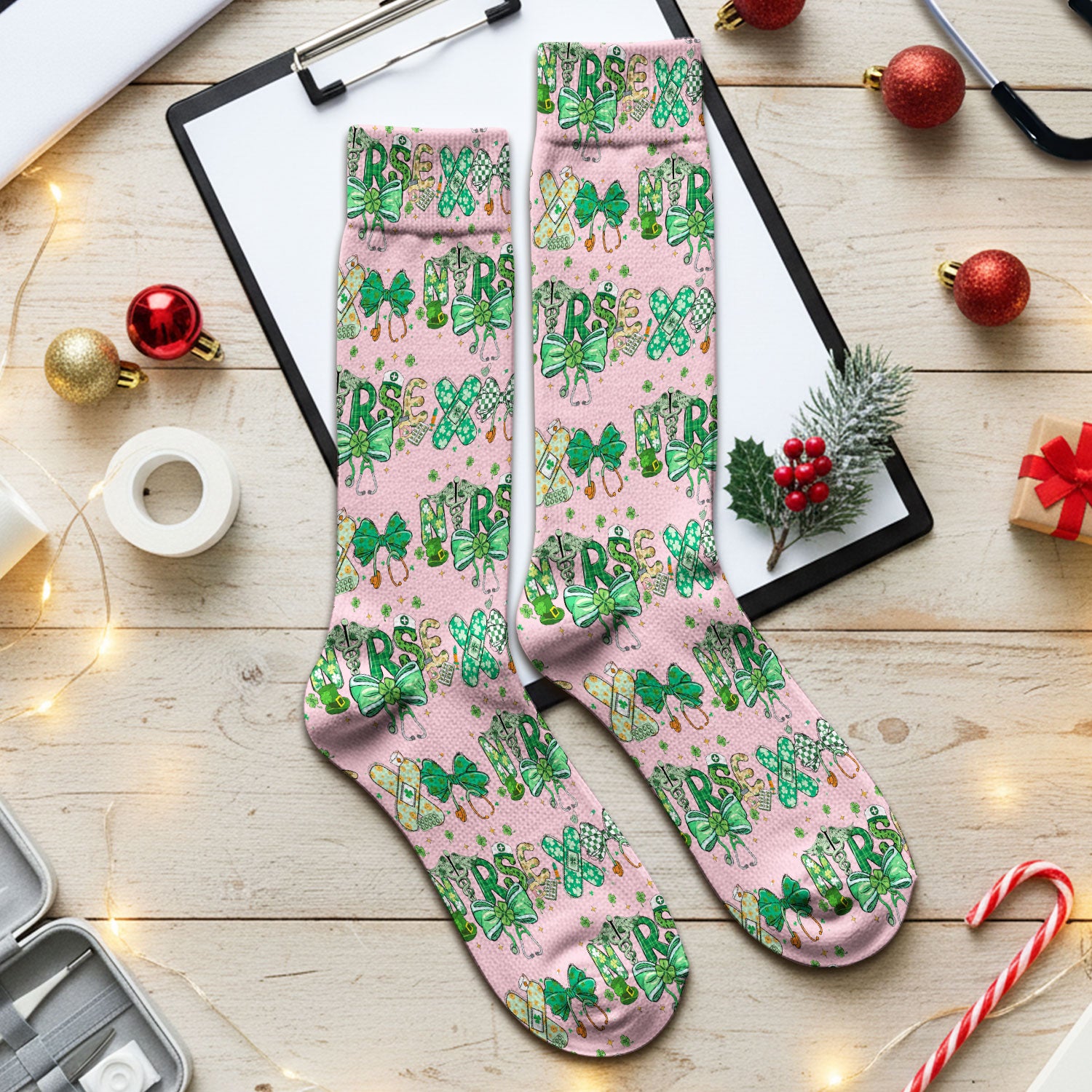 St. Patrick’s Nurse Scrub Socks, Lucky Clover And Green Bow Pattern Nurse Sock, Breathable Fabrics Nursing Uniform