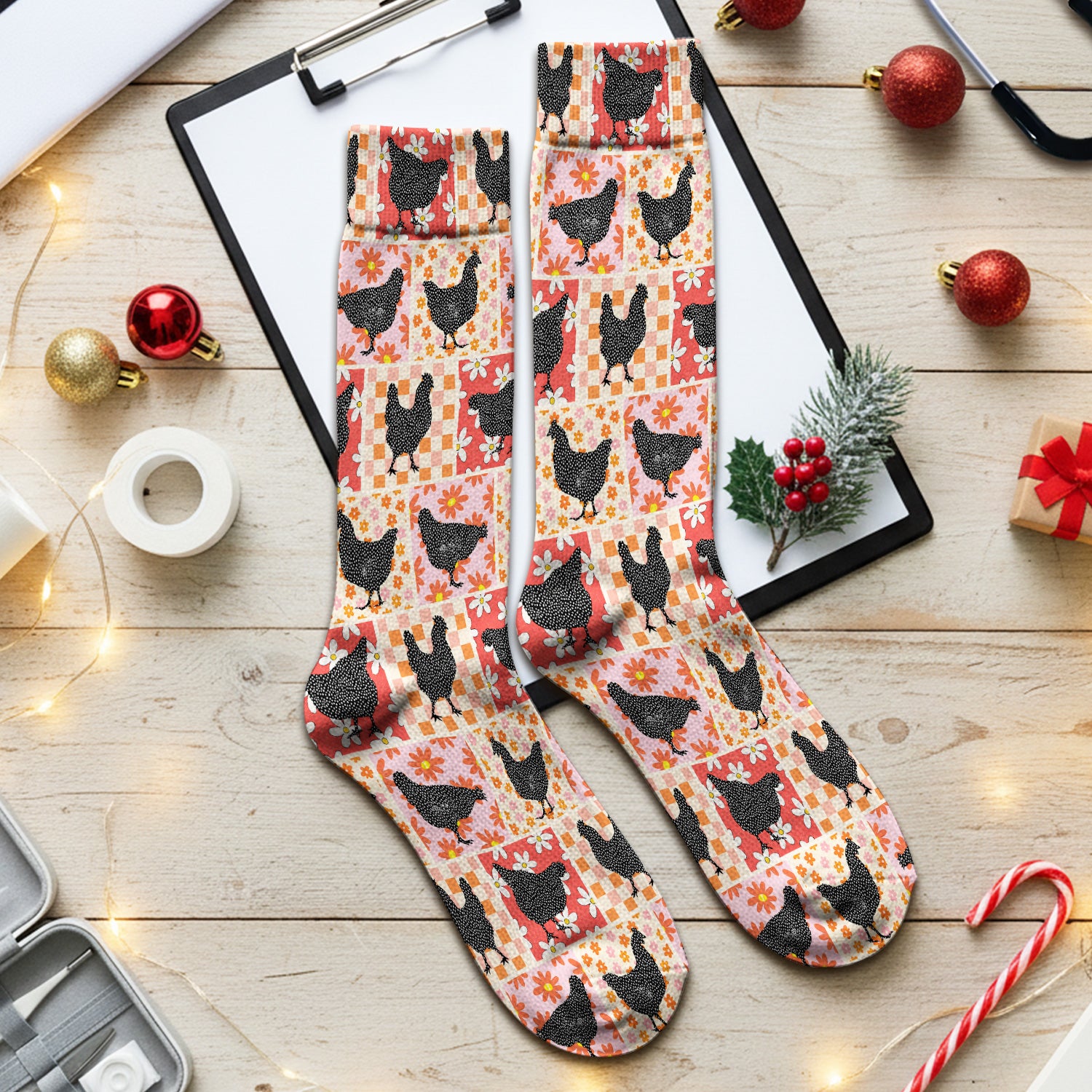 Charming Chicken Patchwork Floral Pattern Socks, Socks for Nurse Doctor