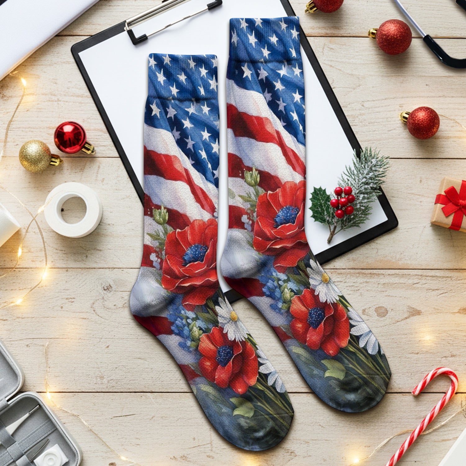 Festive US Flag Floral Bouquet Pattern Socks, Adult Socks for Men and Women