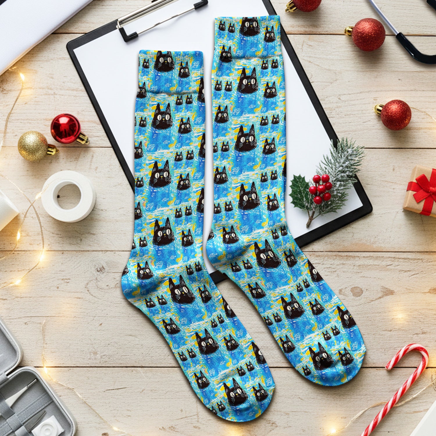 Black Cat Swimming In Blue Water Pattern Socks, Adult Socks for Men and Women