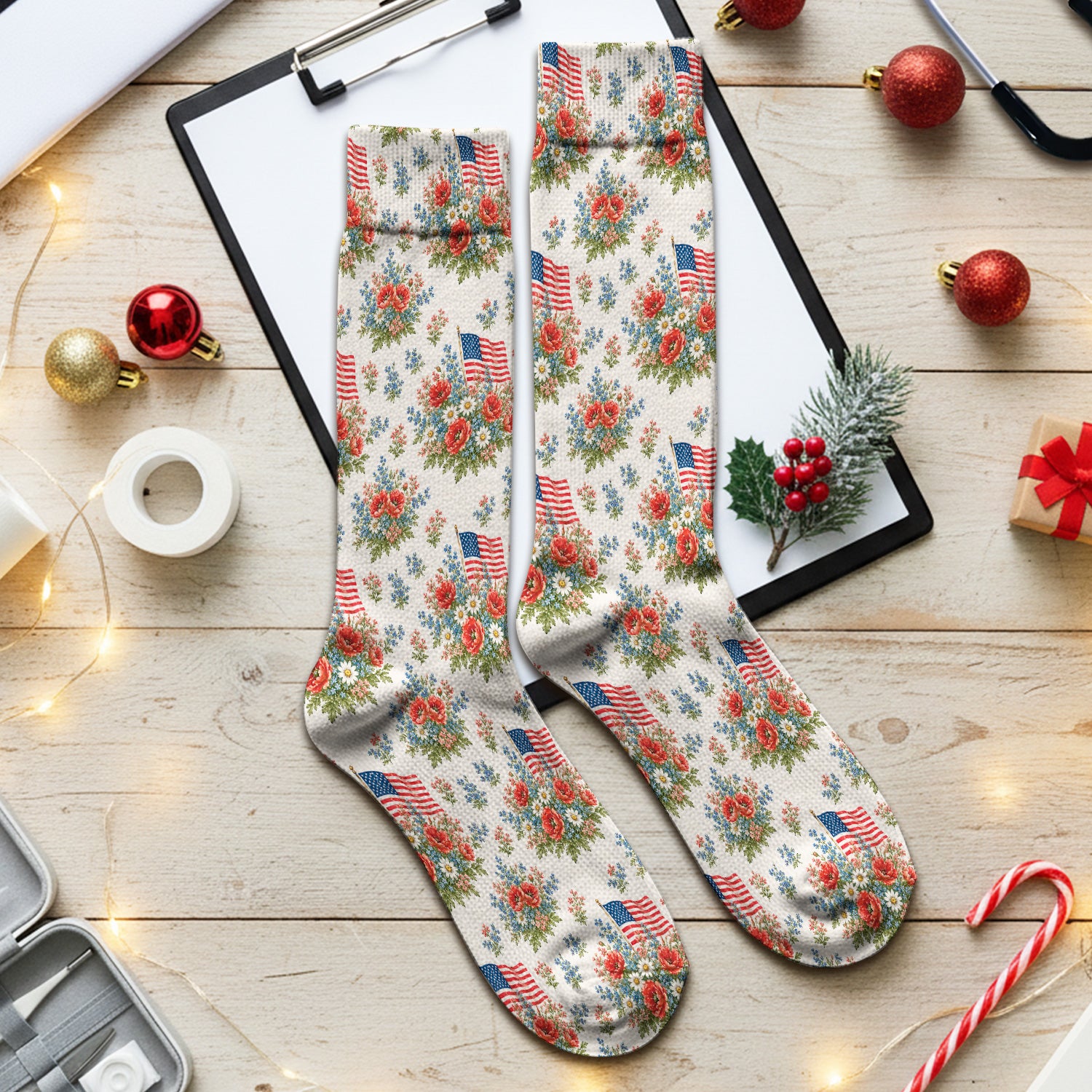 Patriotic Floral With USA Flag Pattern Socks, Adult Socks for Men and Women