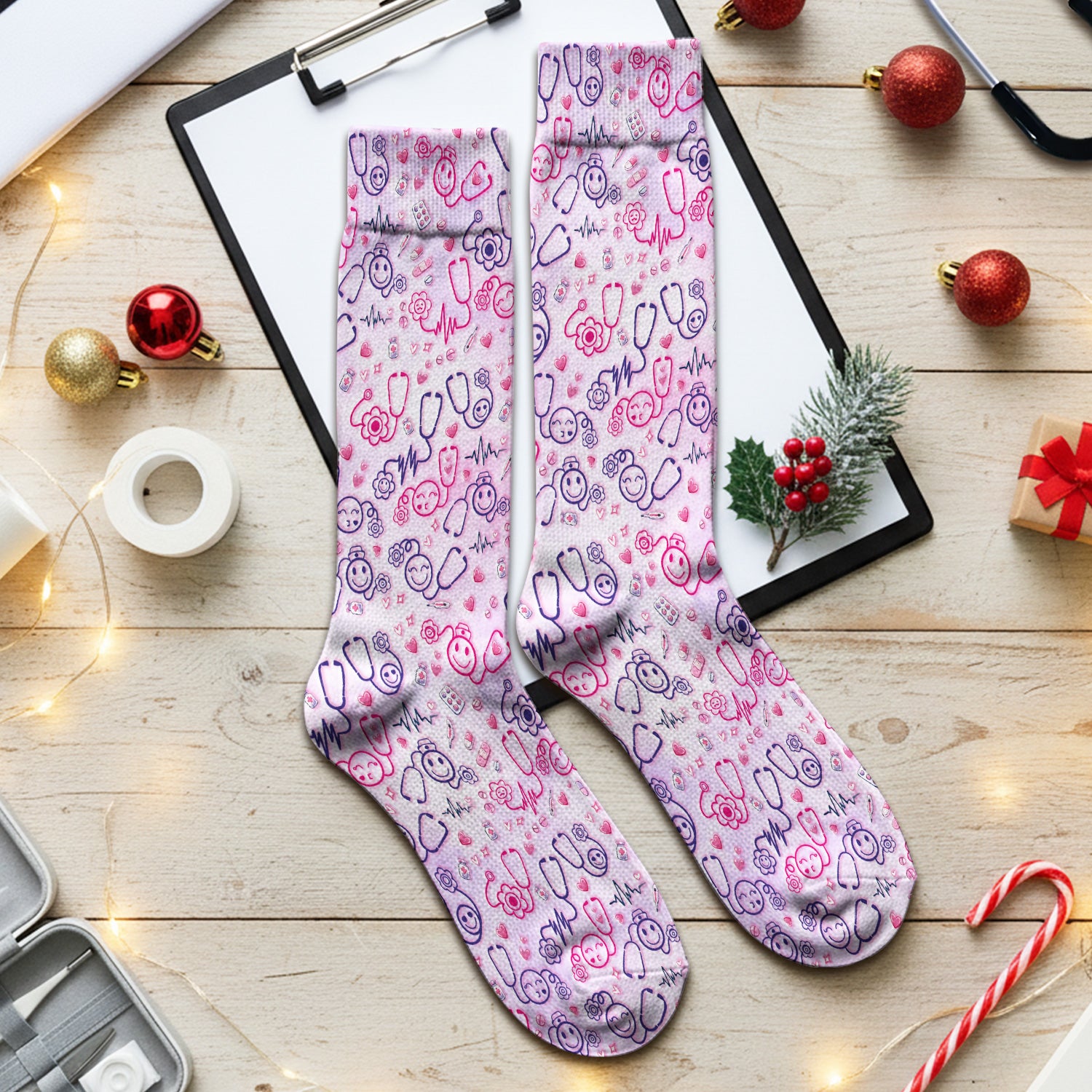 Stethoscope Heart Cute Icon Print Socks, Socks for Nurse Doctor