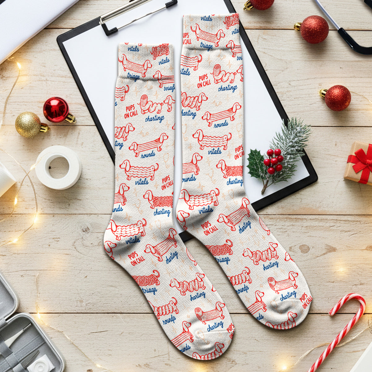Cute Pups On Call Dachshund Pattern Socks, Adult Socks for Men and Women