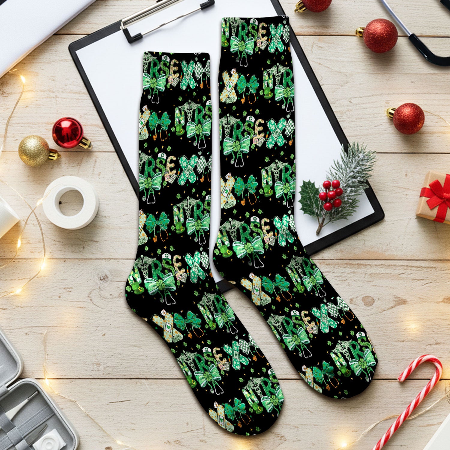 St. Patrick’s Nurse Scrub Socks, Lucky Clover And Green Bow Pattern Nurse Sock, Breathable Fabrics Nursing Uniform