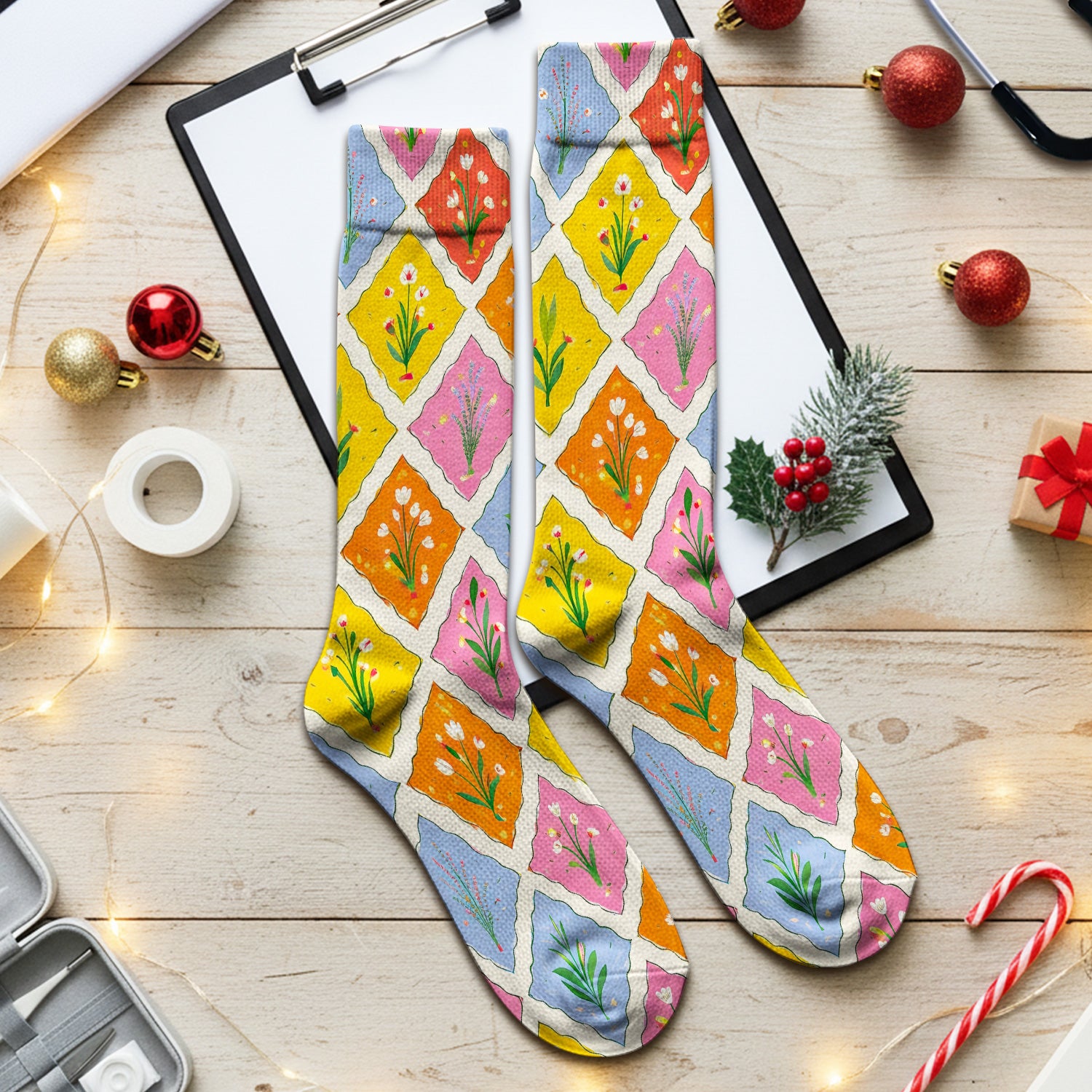 Cute Colorful Floral Tile Pattern Socks, Socks for Nurse Doctor