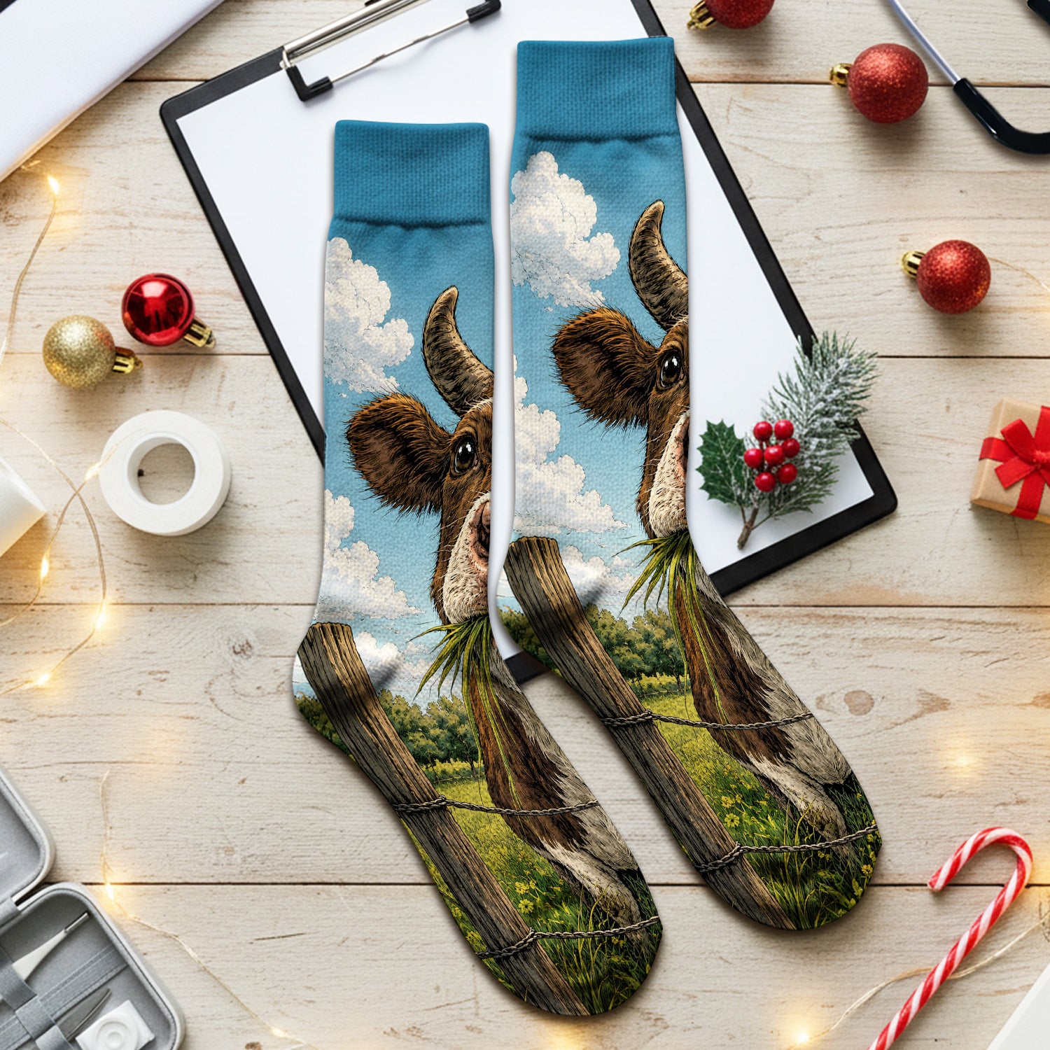 Curious Highland Cow Farm Scene Socks, Adult Socks for Men and Women