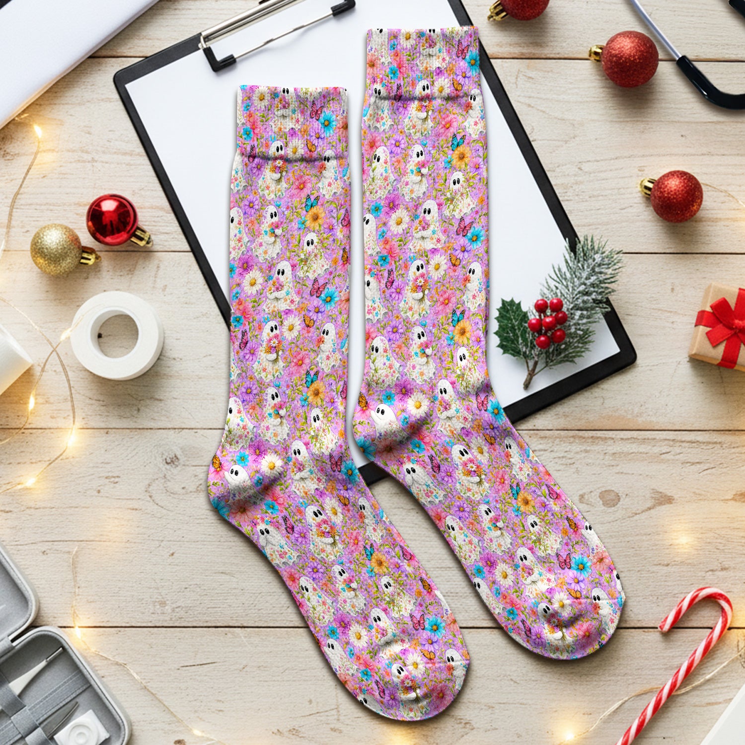 Cute Halloween Floral Ghosts And Butterflies Socks, Adult Socks for Men and Women