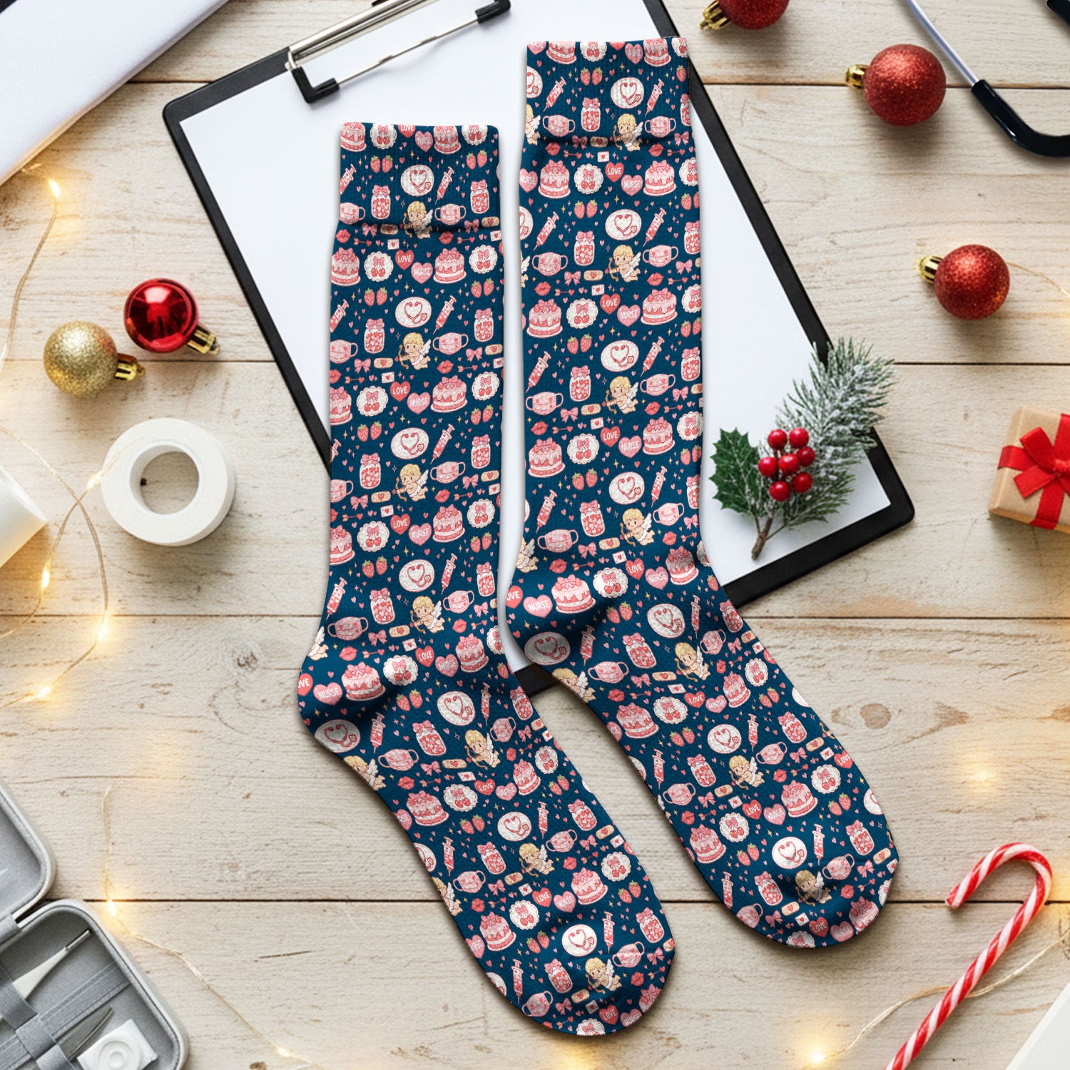 Cupid Nurse Scrub Socks, Cute Love Medical Pattern Sock For Valentine, Breathable Fabrics Nursing Uniform