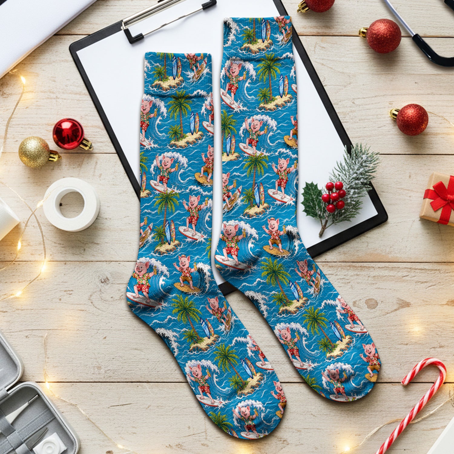 Tropical Surfing Pig Island Pattern Socks, Adult Socks for Men and Women