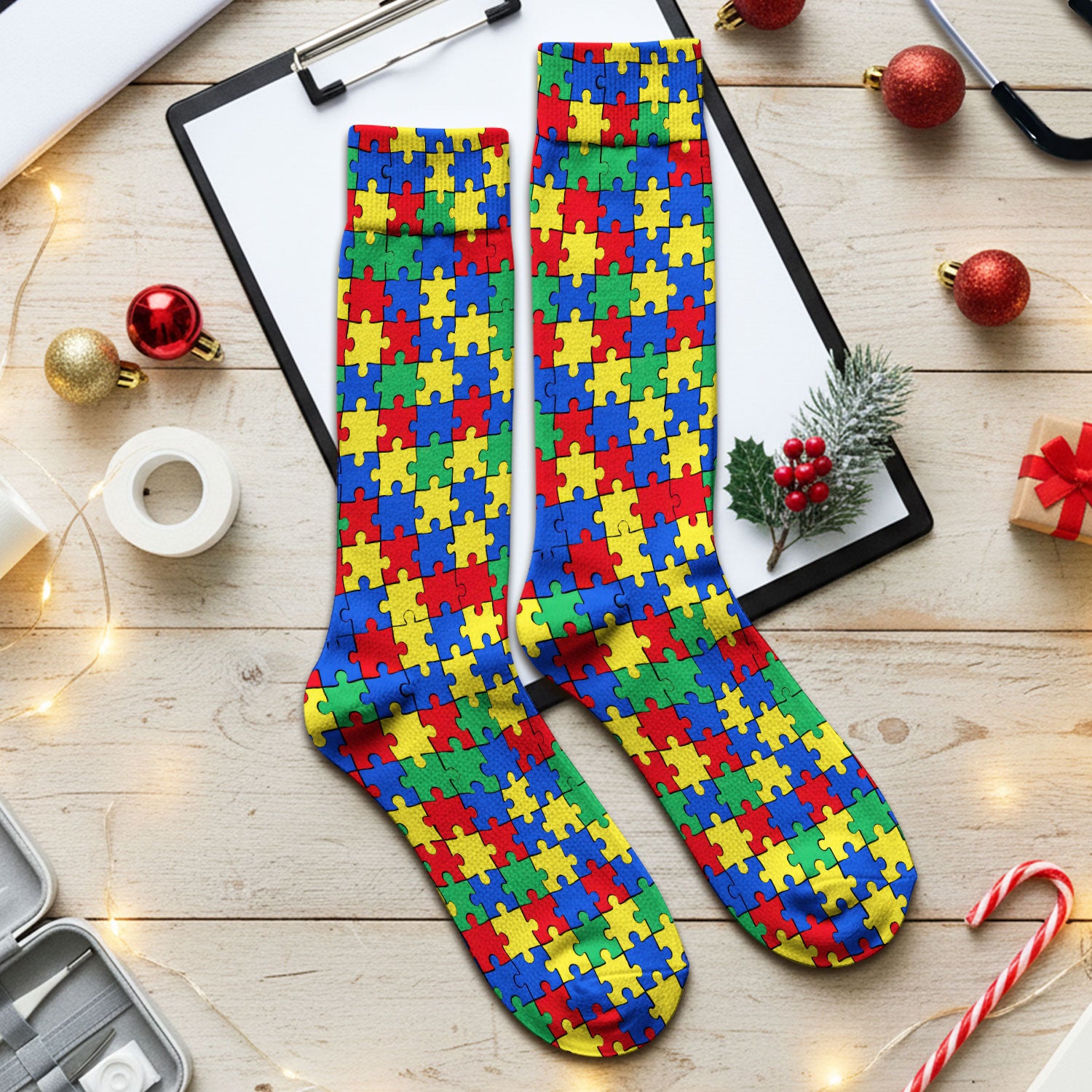 Autism Awareness Puzzle Pattern Socks, Adult Socks for Men and Women