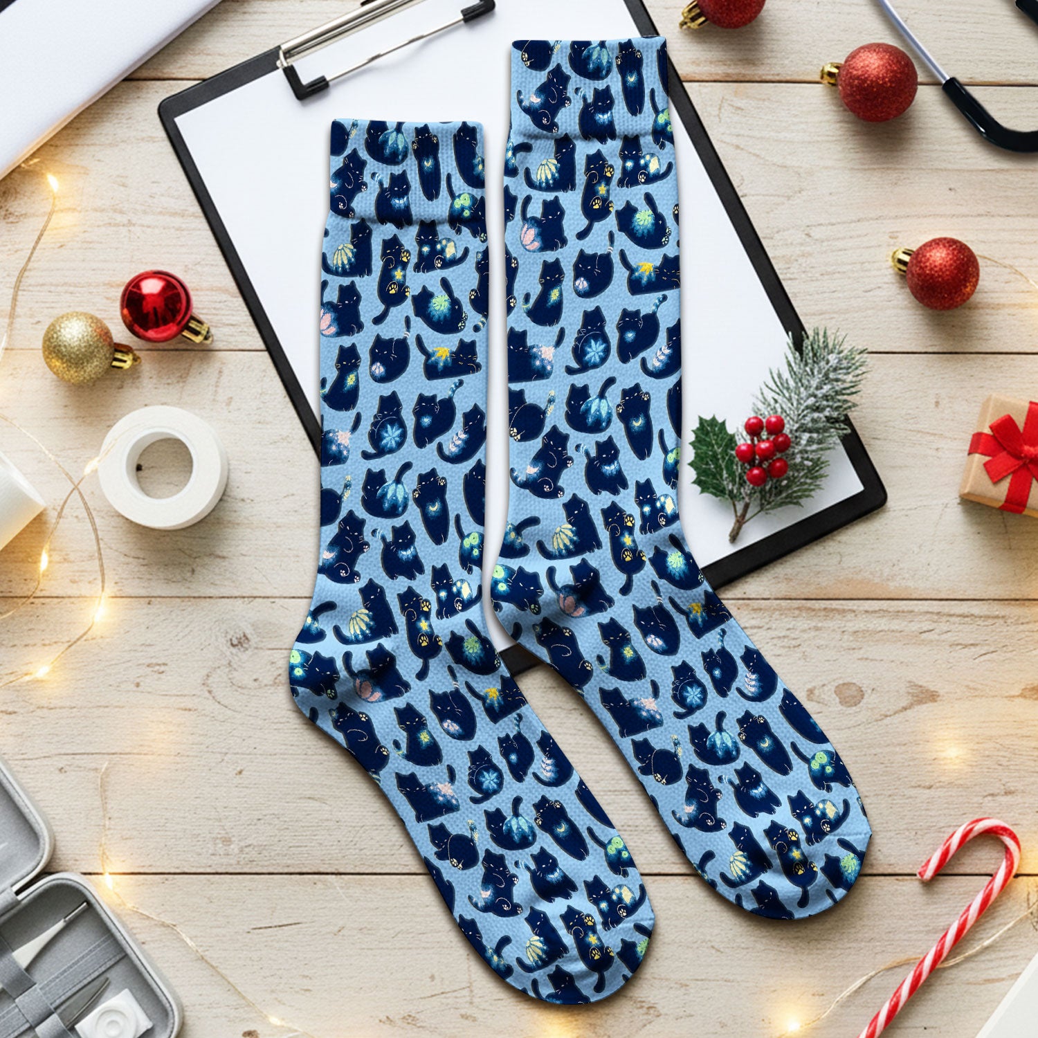 Midnight Cat Scrub Socks, Black Cat Pattern Nurse Sock, Breathable Fabrics Nursing Uniform