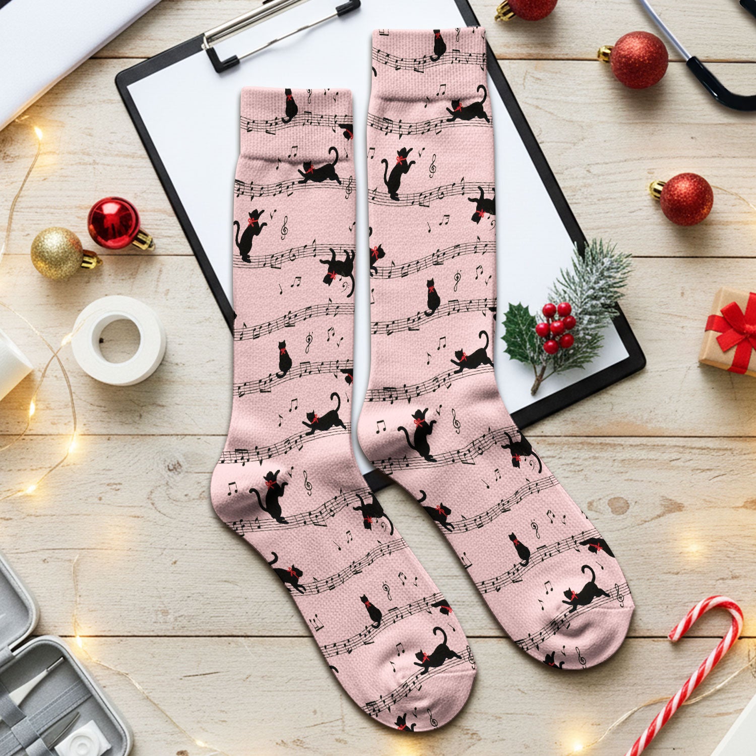 Cute Dancing Black Cat Music Staff Pattern Scrub Socks, Socks for Nurse Doctor