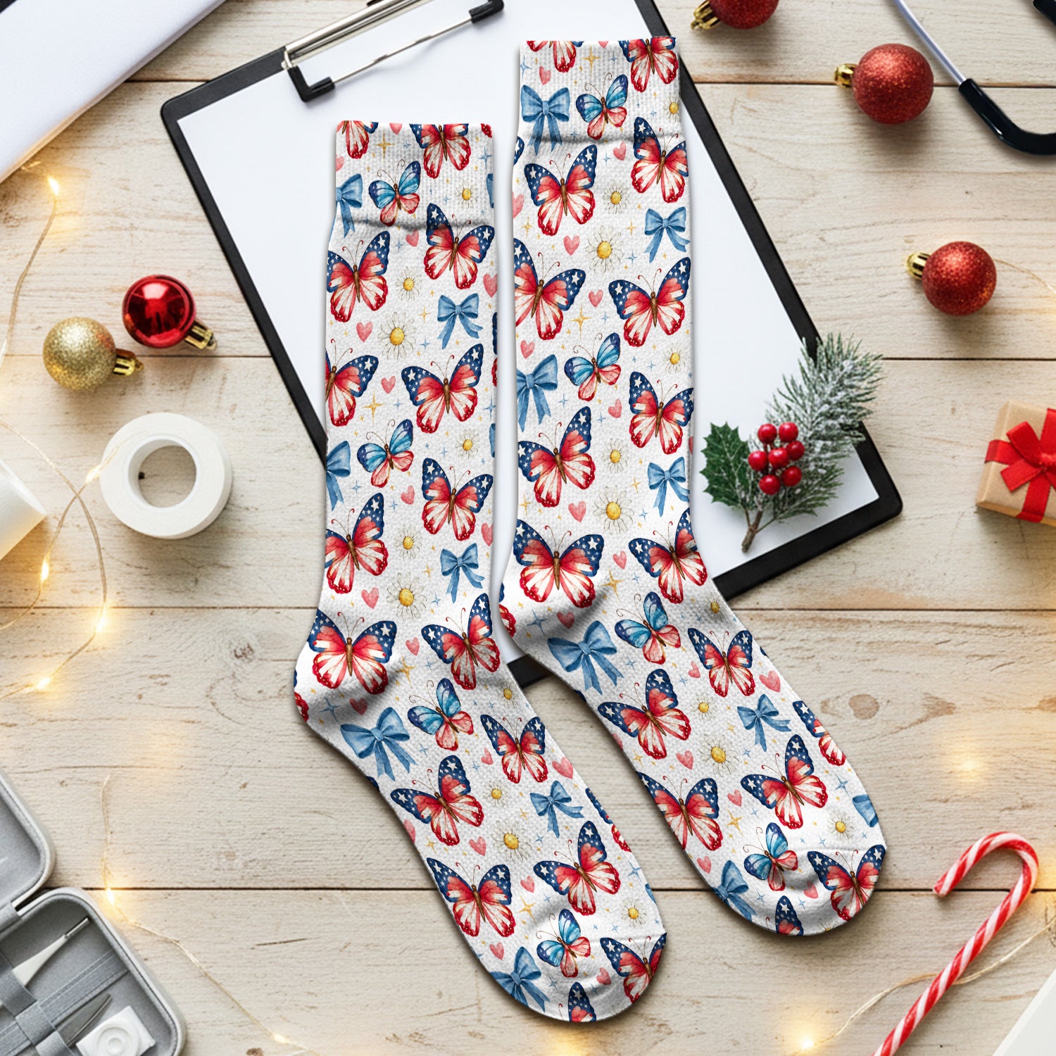 Patriotic Butterfly Bow Daisy Pattern Socks, Adult Socks for Men and Women