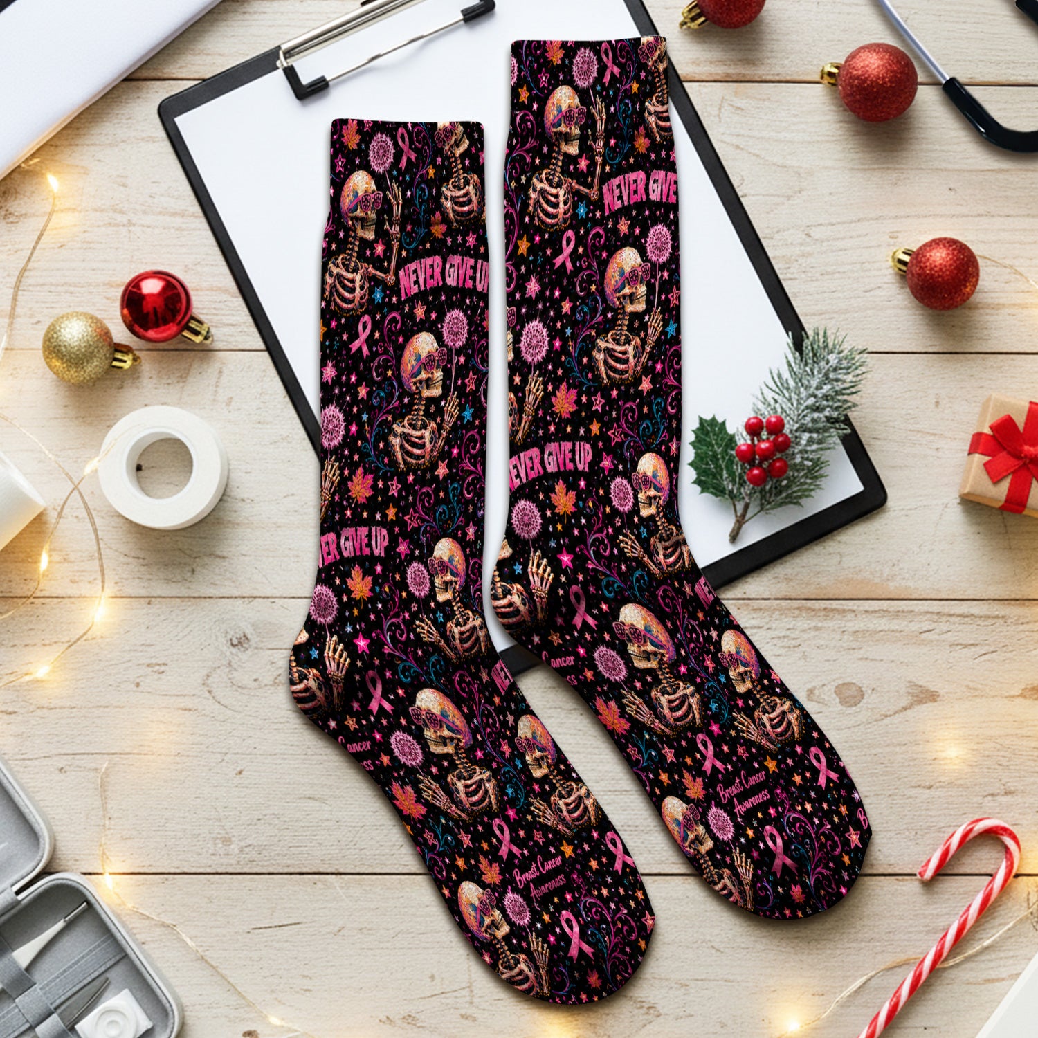 Breast Cancer Awareness Skeletons Pattern Socks, Adult Socks for Men and Women