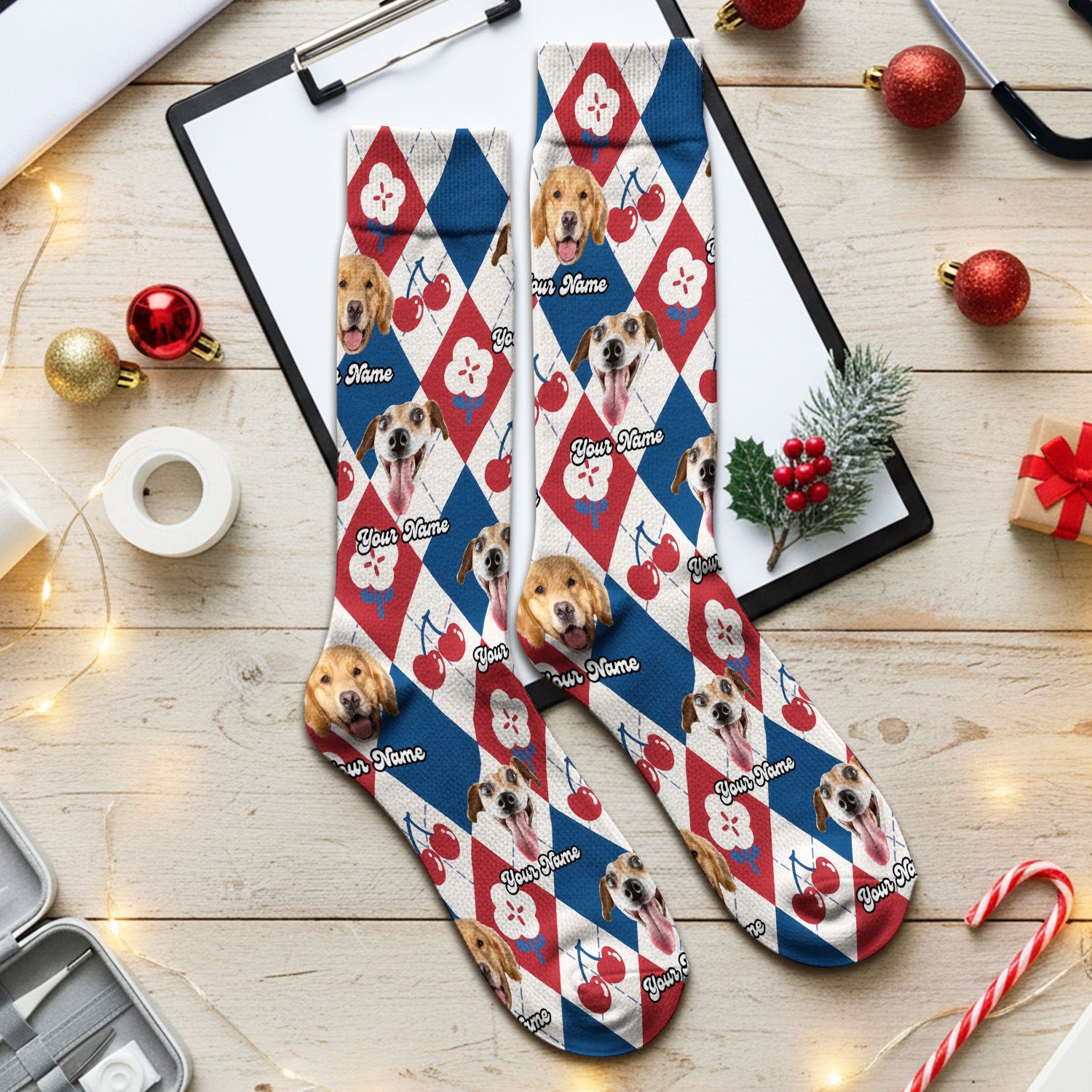 Custom Dog Face Sock, Playful Dog Cherry Argyle Pattern, Breathable Fabrics Medical Uniform