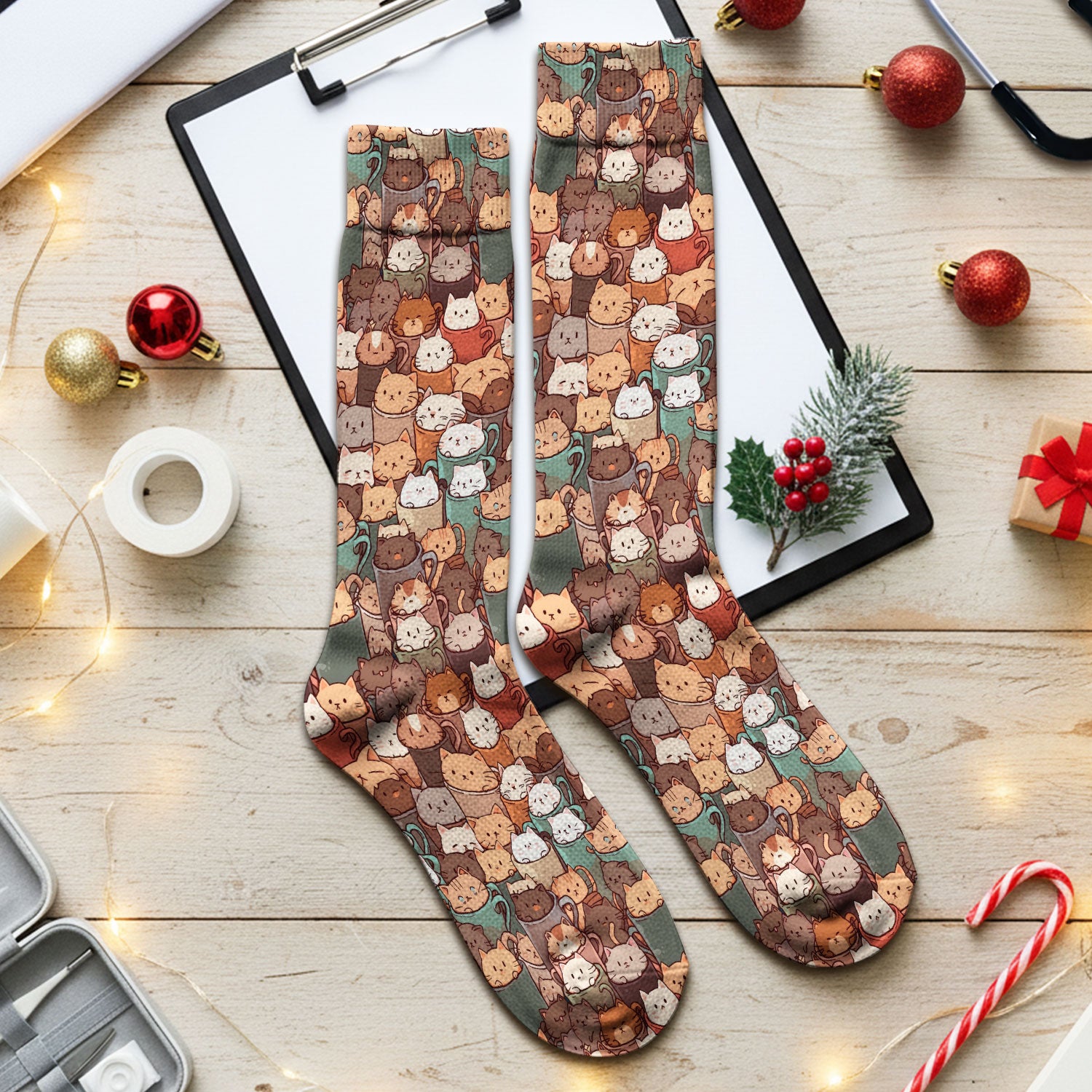 Cute Coffee Cat Scrub Socks, Cozy Kittens in Mug Pattern Nurse Sock, Breathable Fabrics Nursing Uniform