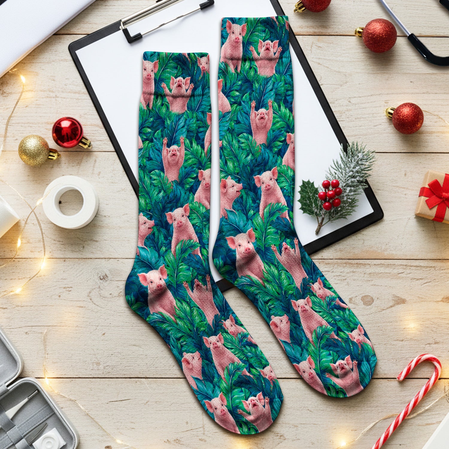 Cute Piglet Jungle Leaves Pattern Socks, Adult Socks for Men and Women