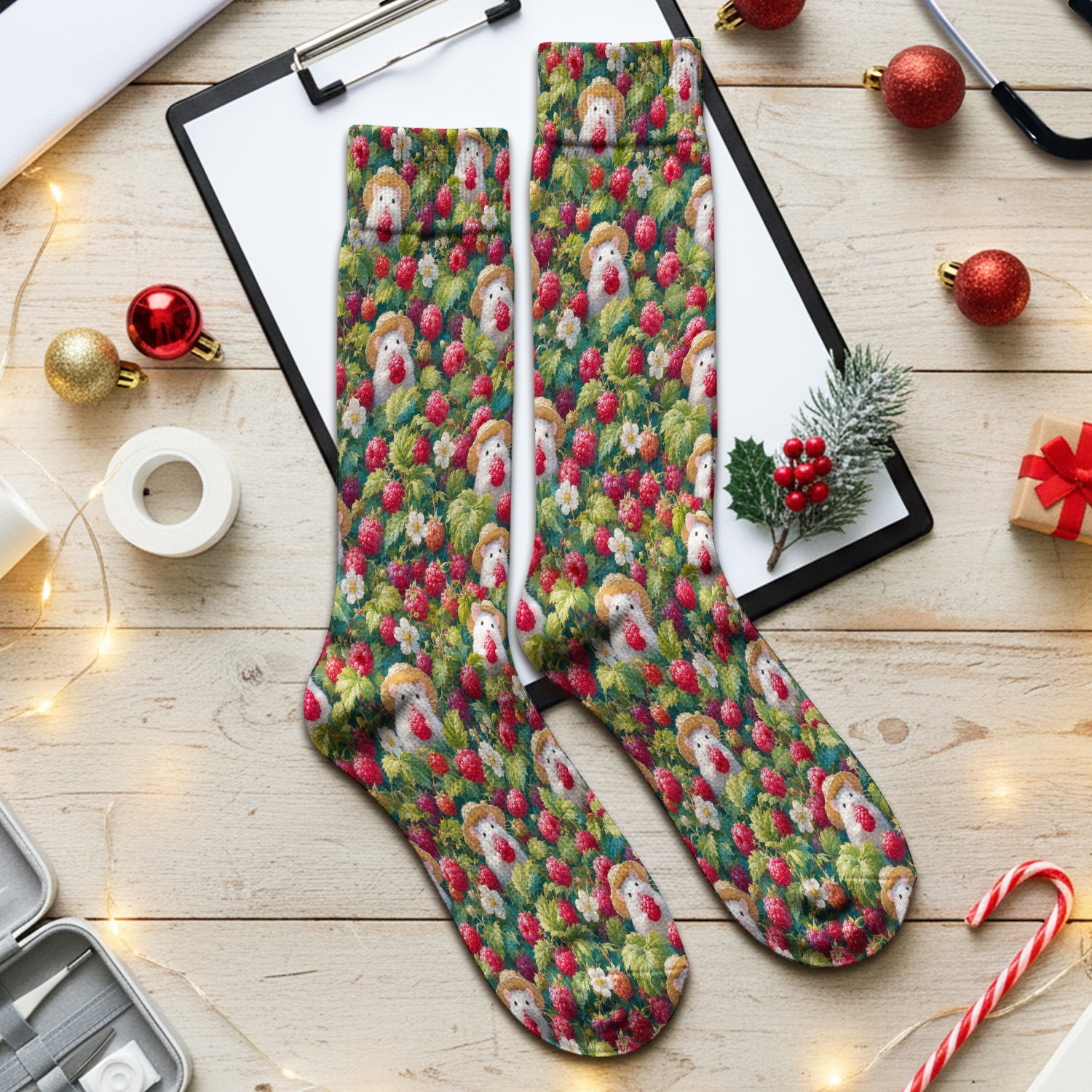 Cute Raspberry Mouse Garden Pattern Socks, Adult Socks for Men and Women