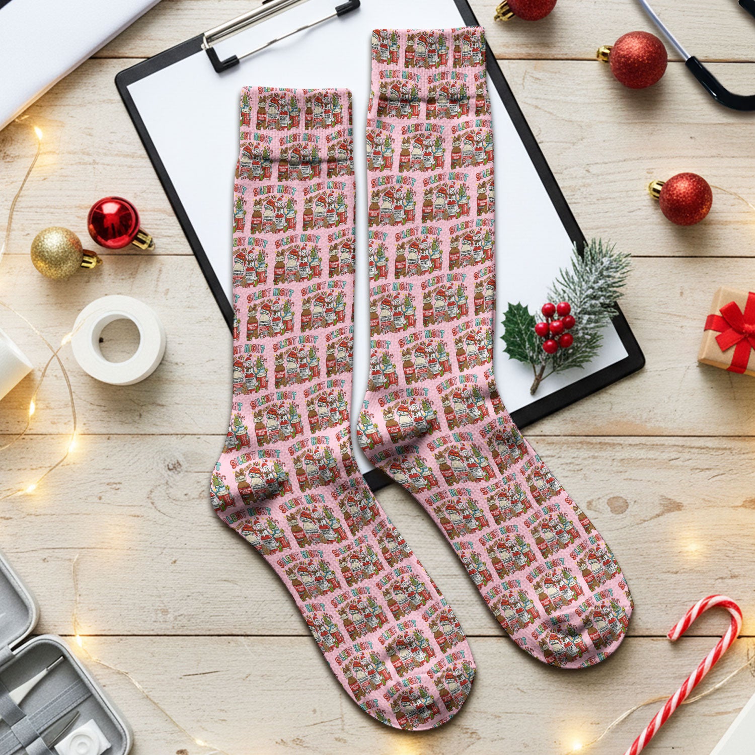 Silent Night Nurse Scrub Socks, Funny Christmas Medical Scrub Sock, Holiday Nursing Uniform