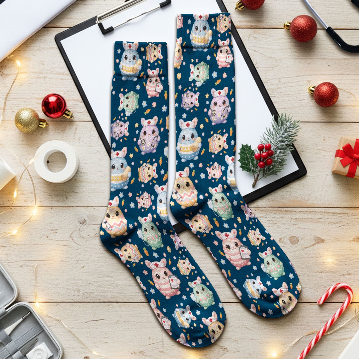 Cute Nurse Bunny Pastel Floral Print Socks, Breathable Fabrics Medical Uniform
