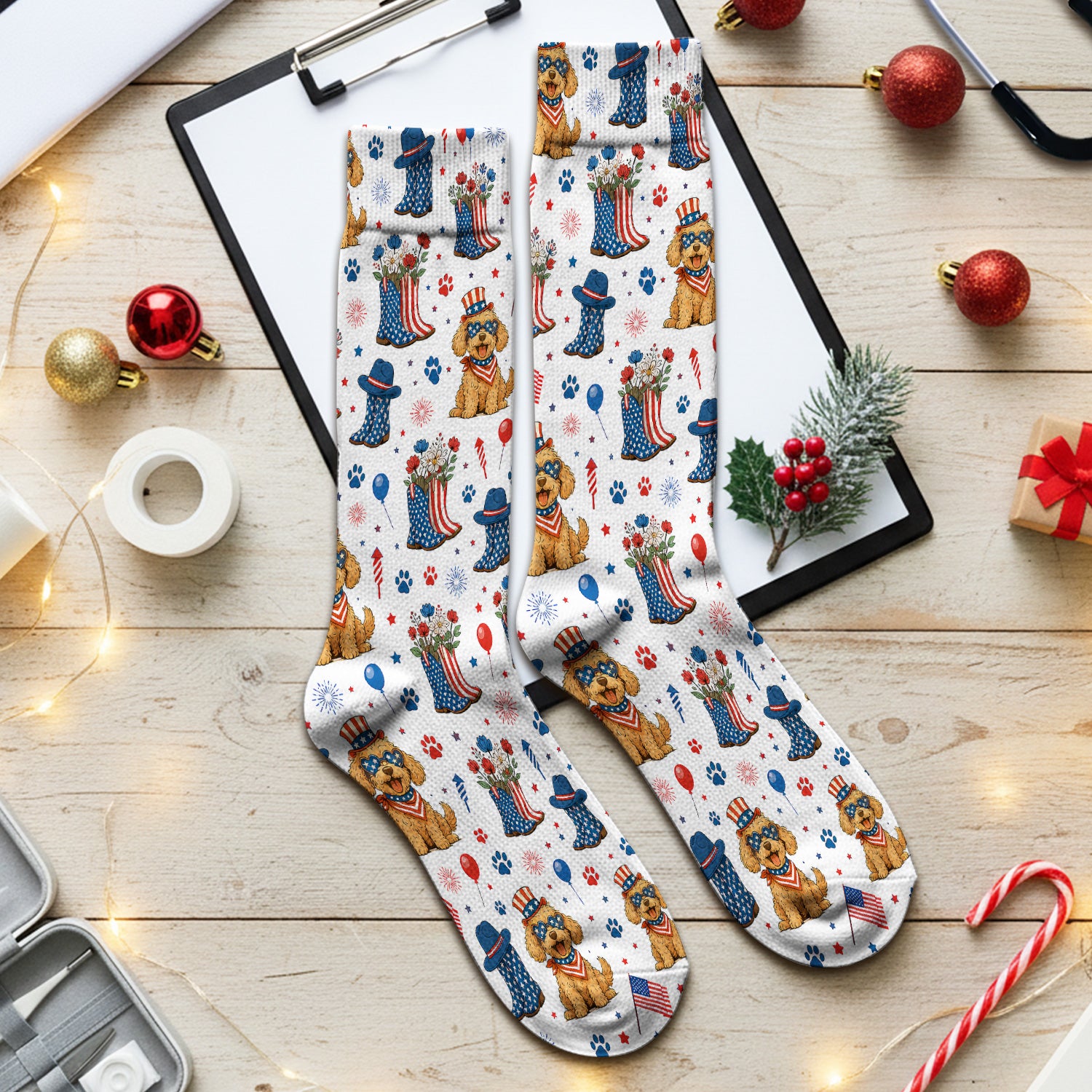 Patriotic Puppy Cowboy Boots Pattern Socks, Adult Socks for Men and Women